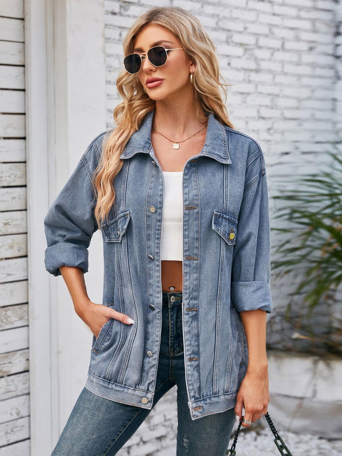 Button Up Long Sleeve Denim Jacket - Clothes For Her Online Store