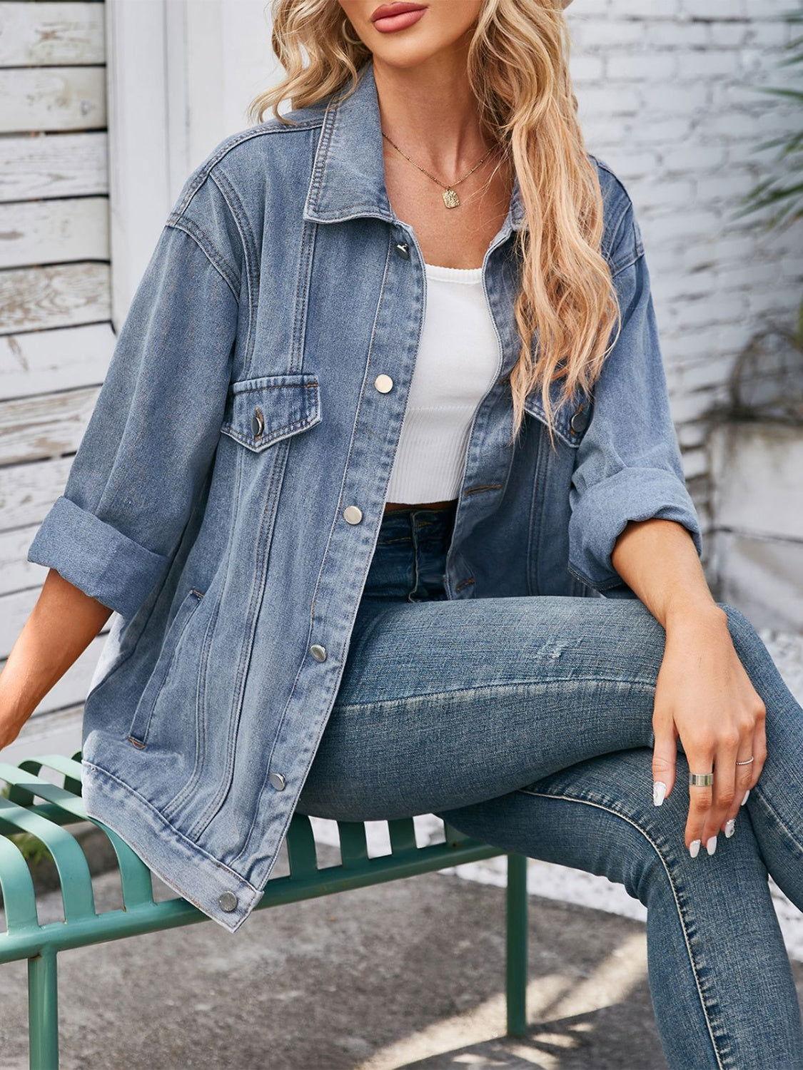 Button Up Long Sleeve Denim Jacket - Clothes For Her Online Store