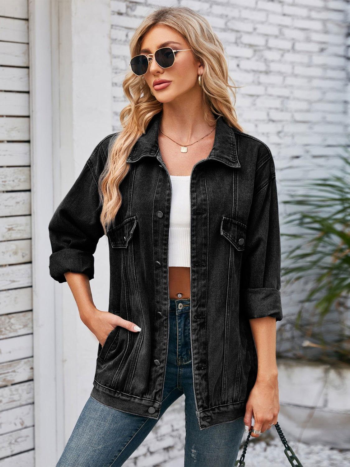 Button Up Long Sleeve Denim Jacket - Clothes For Her Online Store