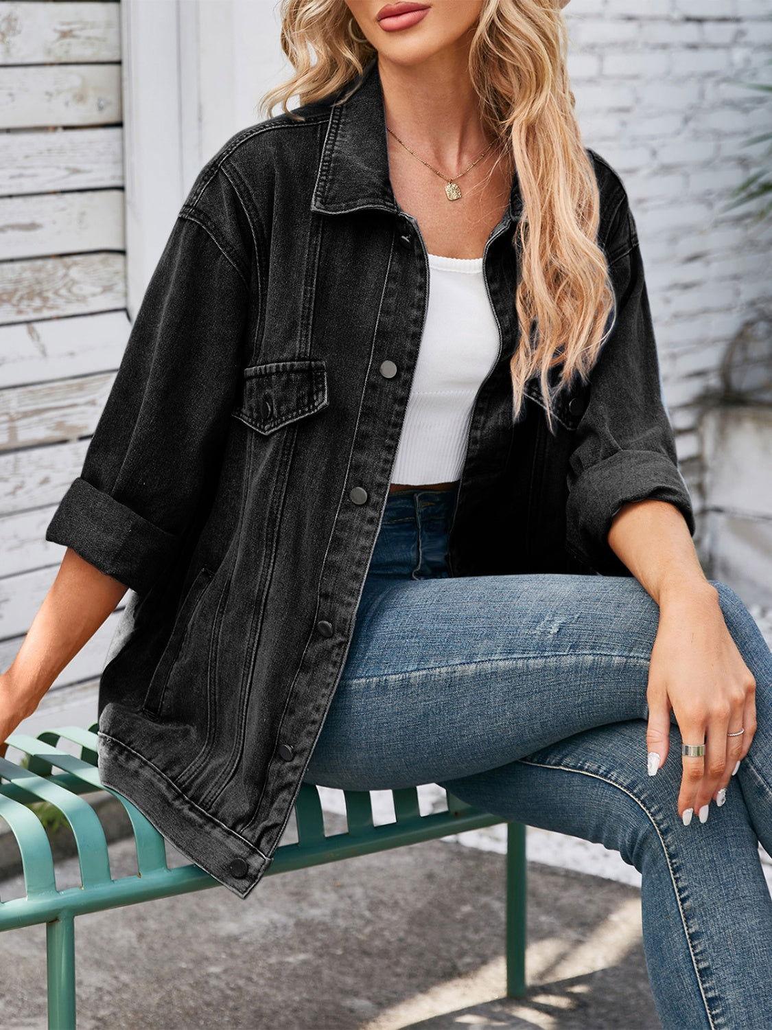 Button Up Long Sleeve Denim Jacket - Clothes For Her Online Store