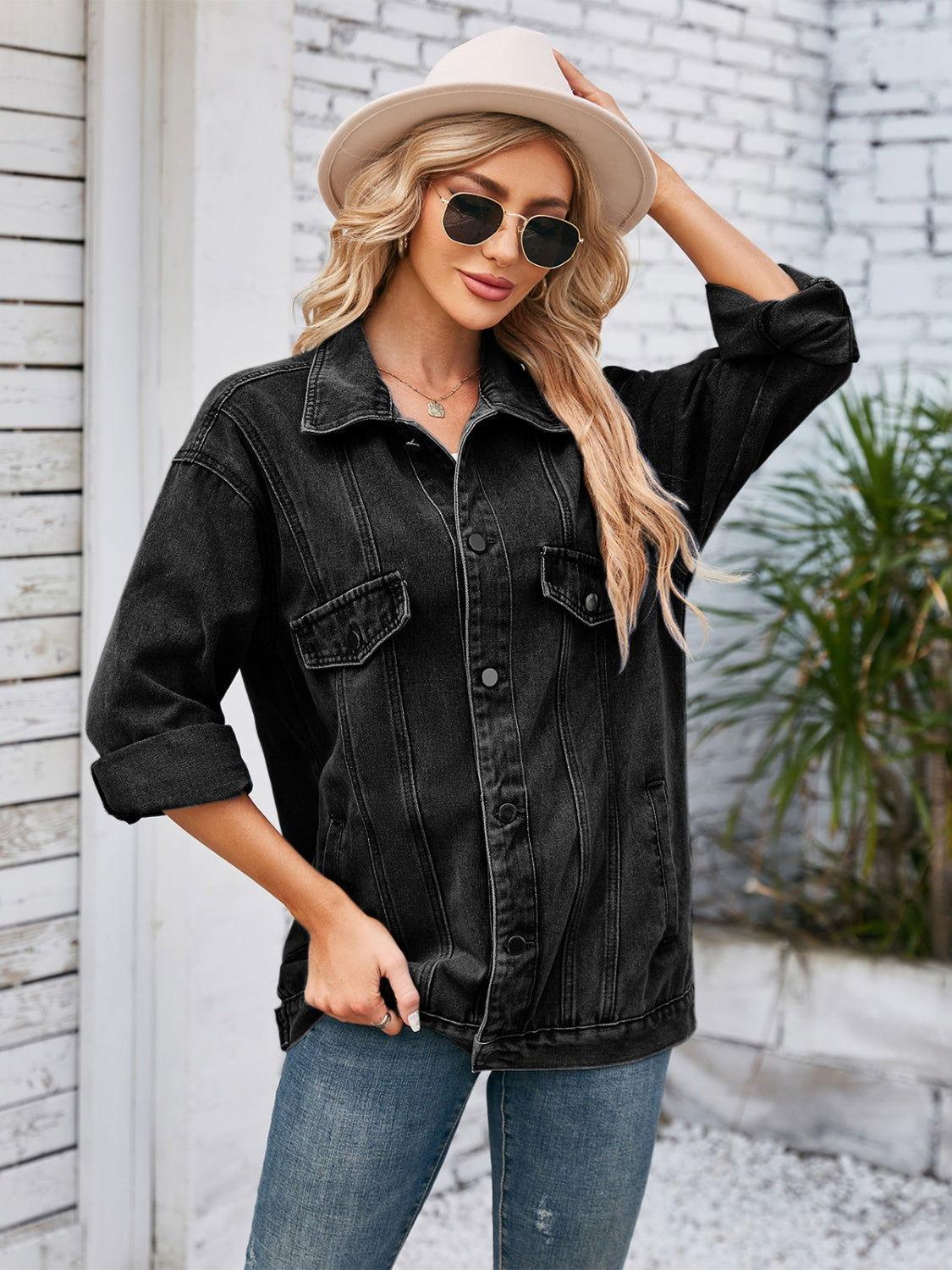 Button Up Long Sleeve Denim Jacket - Clothes For Her Online Store