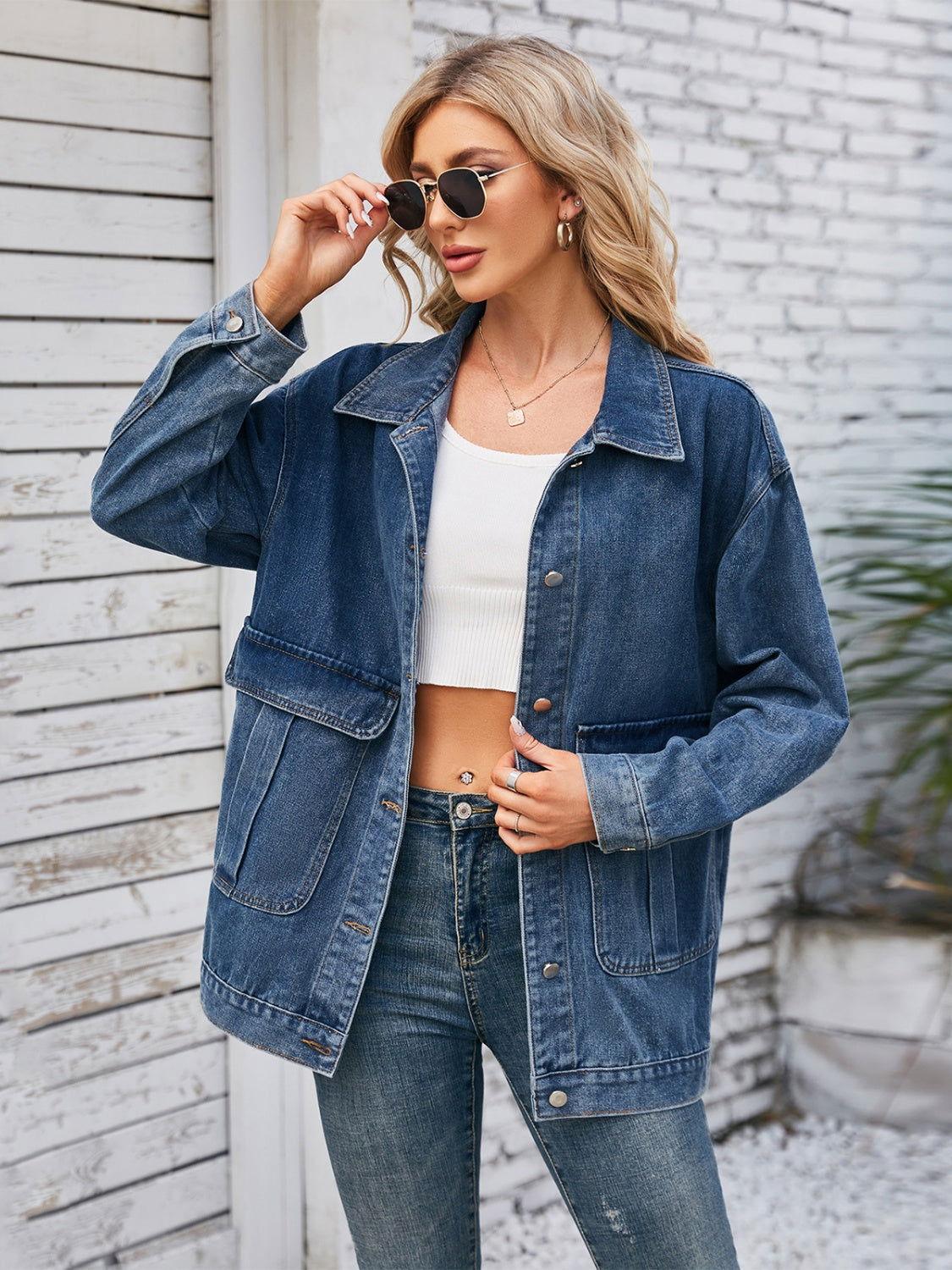 Button Up Long Sleeve Denim Jacket - Clothes For Her Online Store