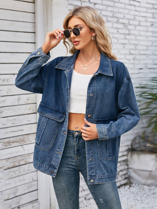 Button Up Long Sleeve Denim Jacket - Clothes For Her Online Store