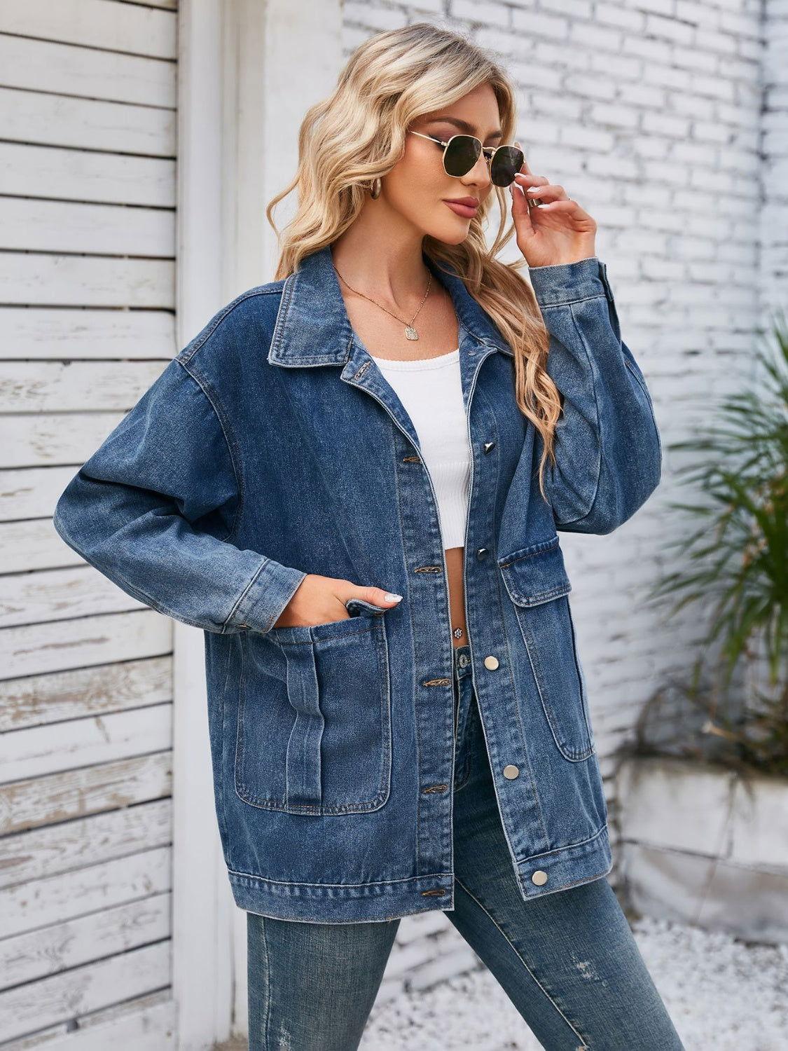 Button Up Long Sleeve Denim Jacket - Clothes For Her Online Store
