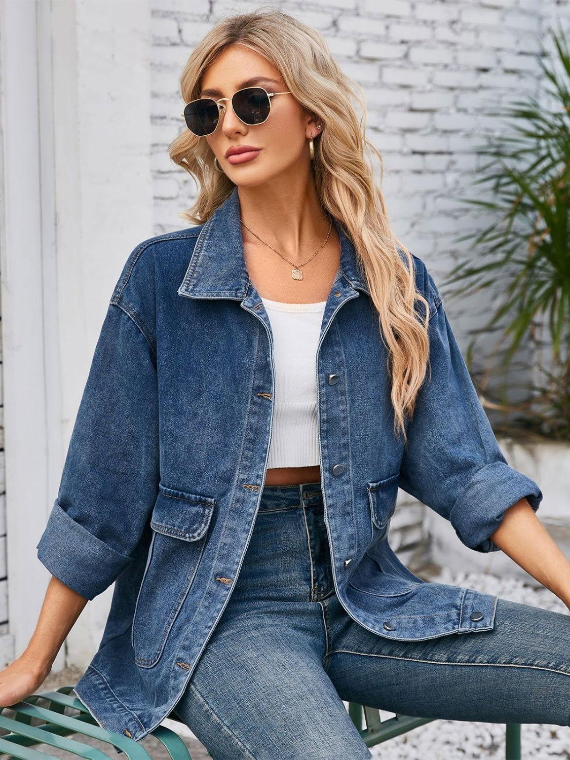 Button Up Long Sleeve Denim Jacket - Clothes For Her Online Store