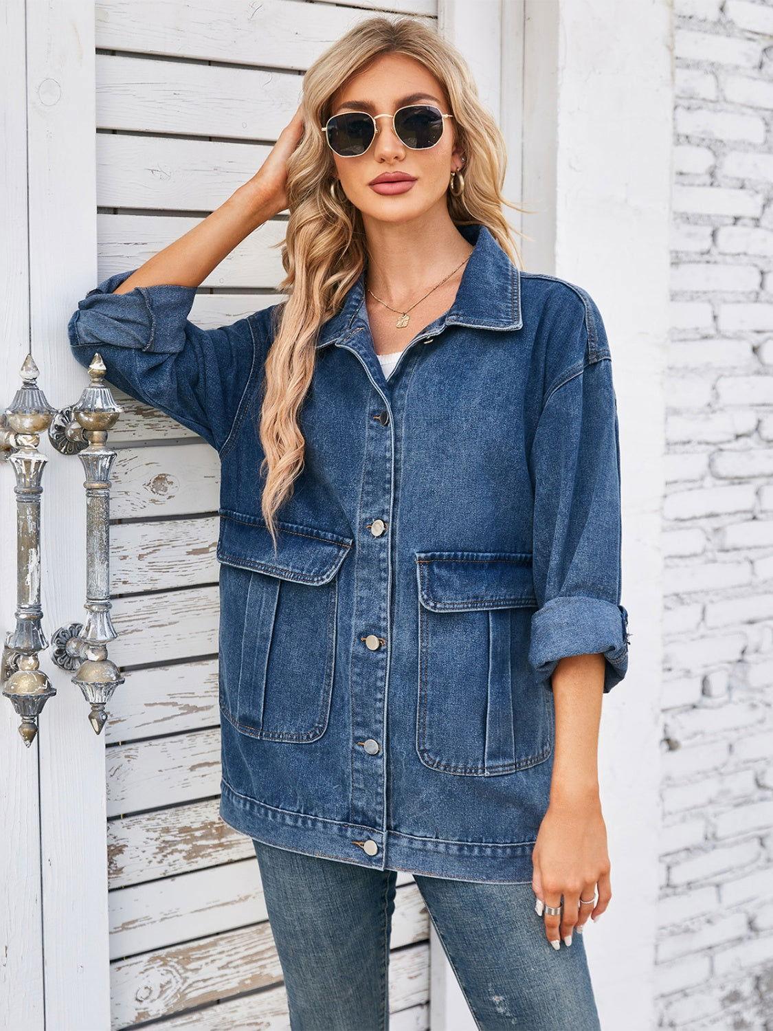 Button Up Long Sleeve Denim Jacket - Clothes For Her Online Store