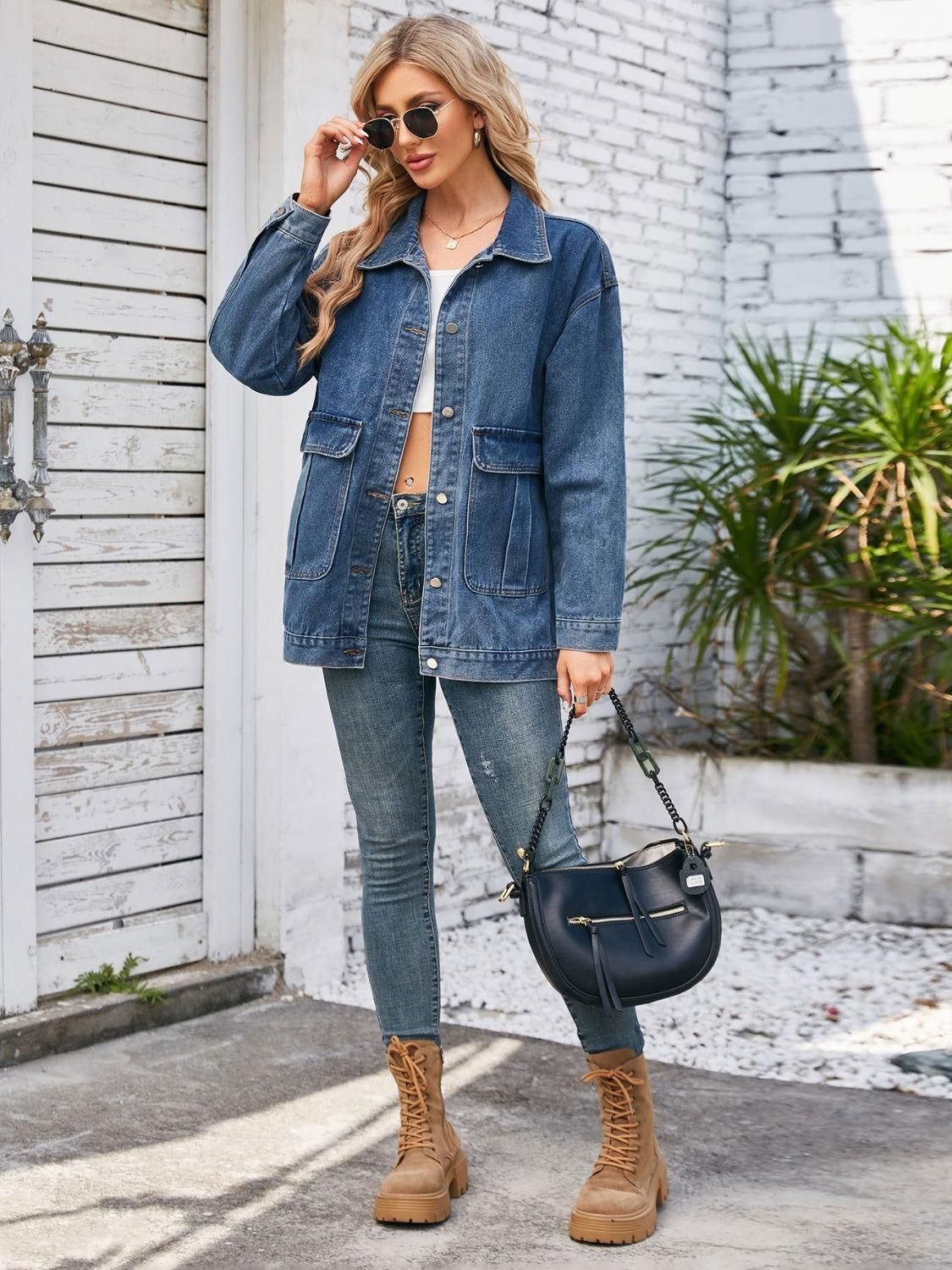 Button Up Long Sleeve Denim Jacket - Clothes For Her Online Store