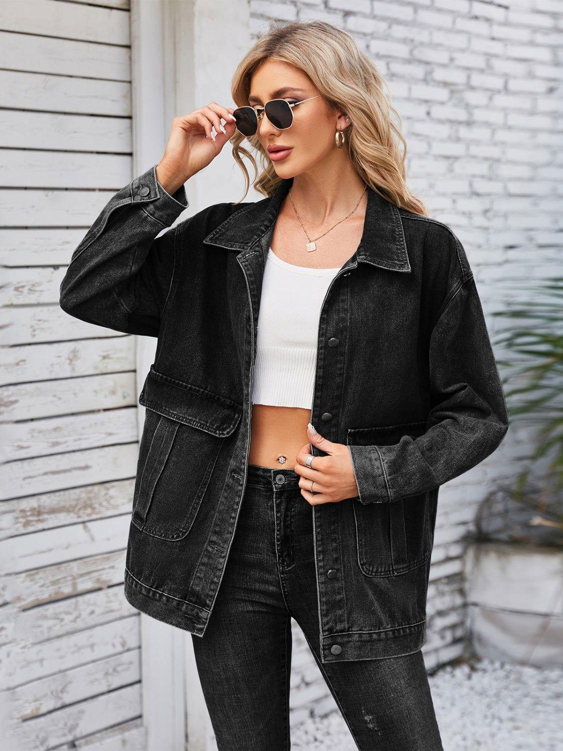 Button Up Long Sleeve Denim Jacket - Clothes For Her Online Store