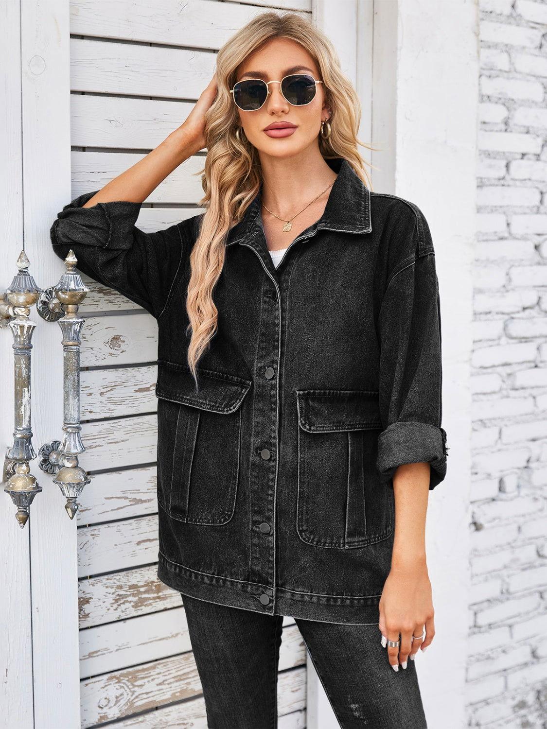 Button Up Long Sleeve Denim Jacket - Clothes For Her Online Store