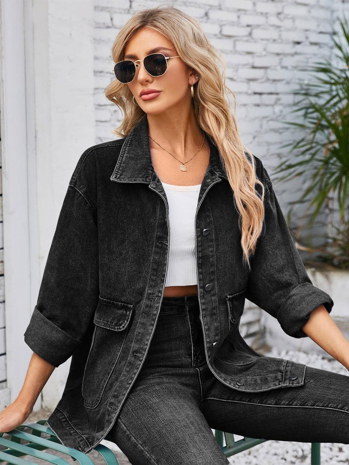 Button Up Long Sleeve Denim Jacket - Clothes For Her Online Store