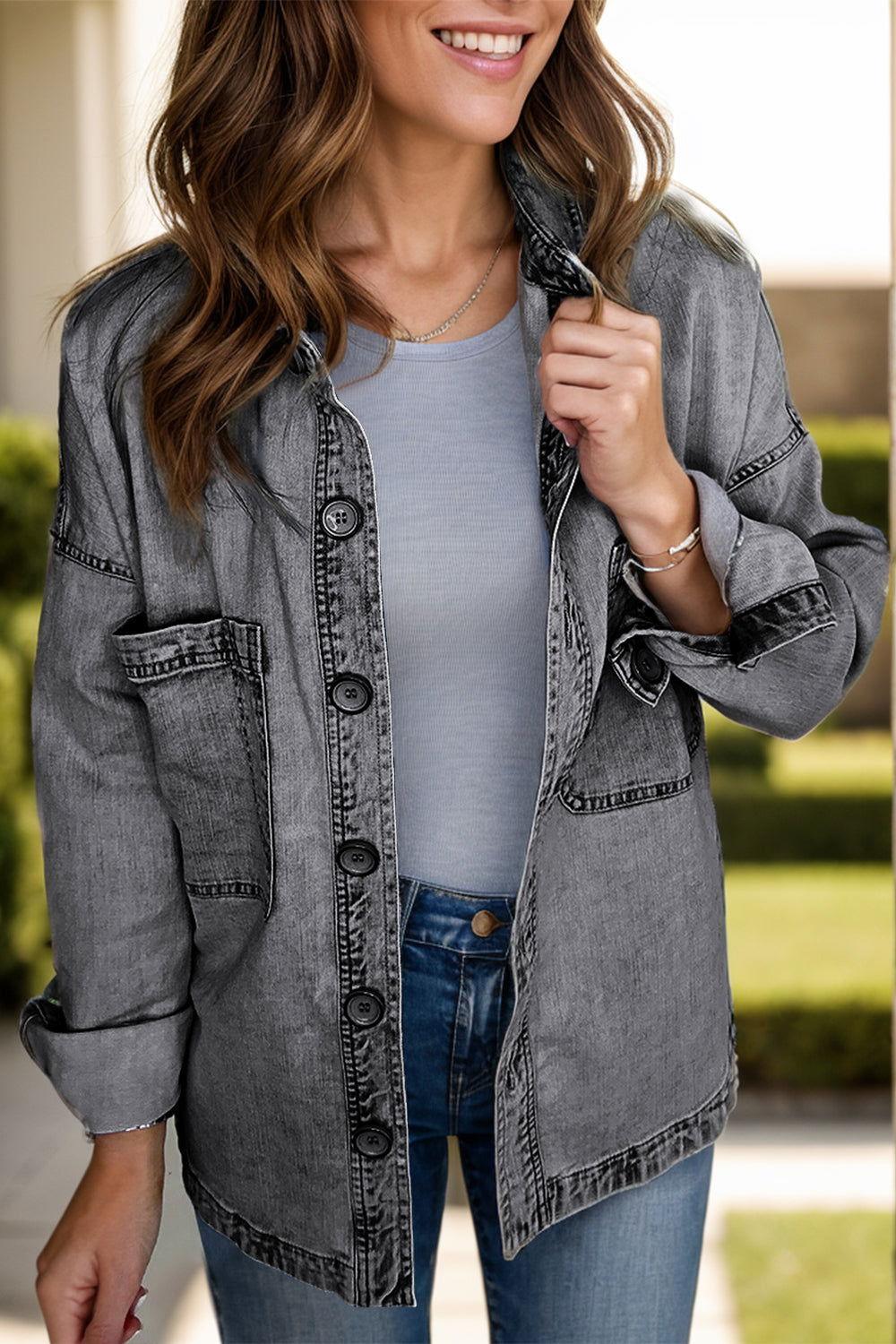 Button Up Long Sleeve Denim Jacket - Clothes For Her Online Store