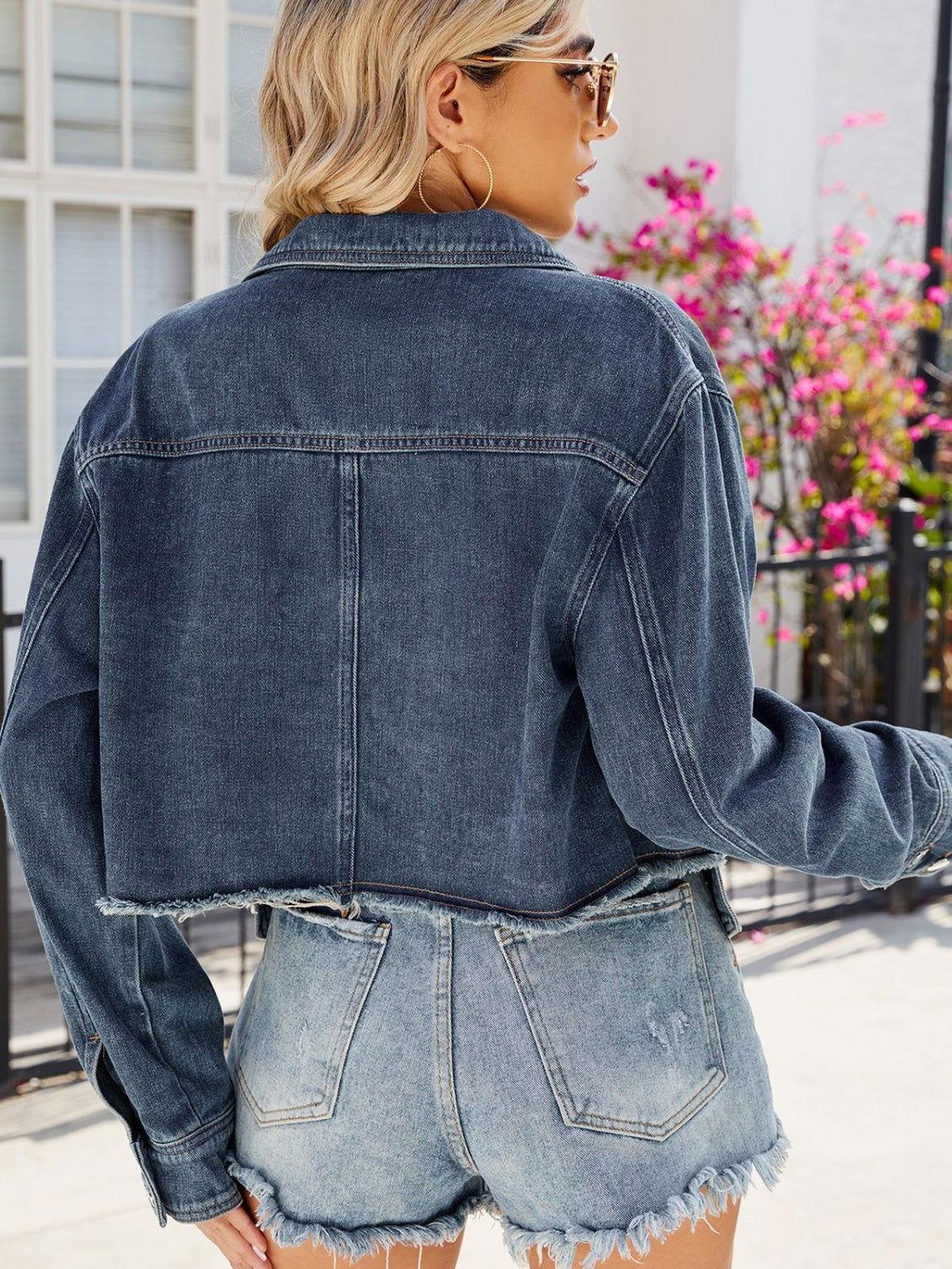 Button Up Long Sleeve Denim Jacket with Pockets - Clothes For Her Online Store