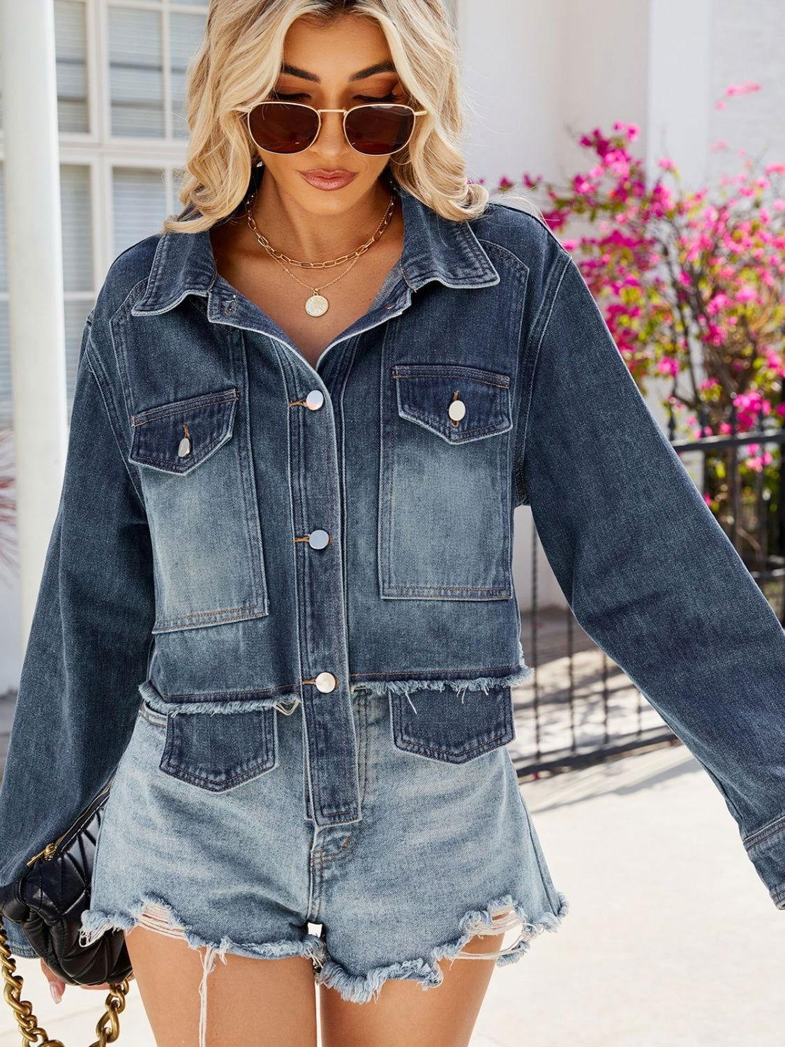 Button Up Long Sleeve Denim Jacket with Pockets - Clothes For Her Online Store