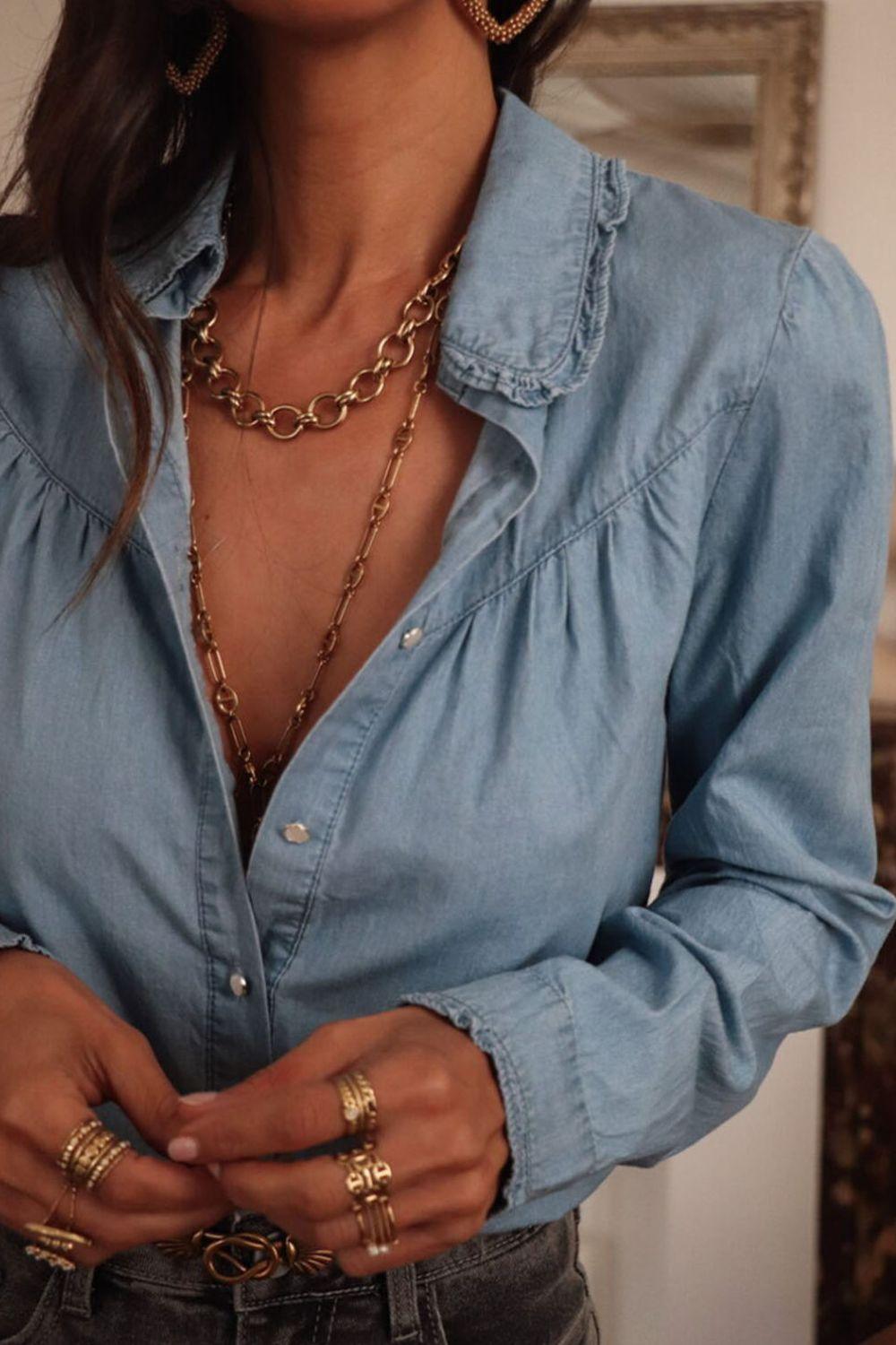 Button Up Long Sleeve Denim Top - Clothes For Her Online Store