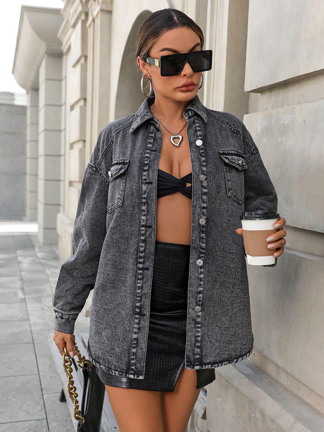 Button Up Long Sleeve Fleece Denim Jacket - Clothes For Her Online Store