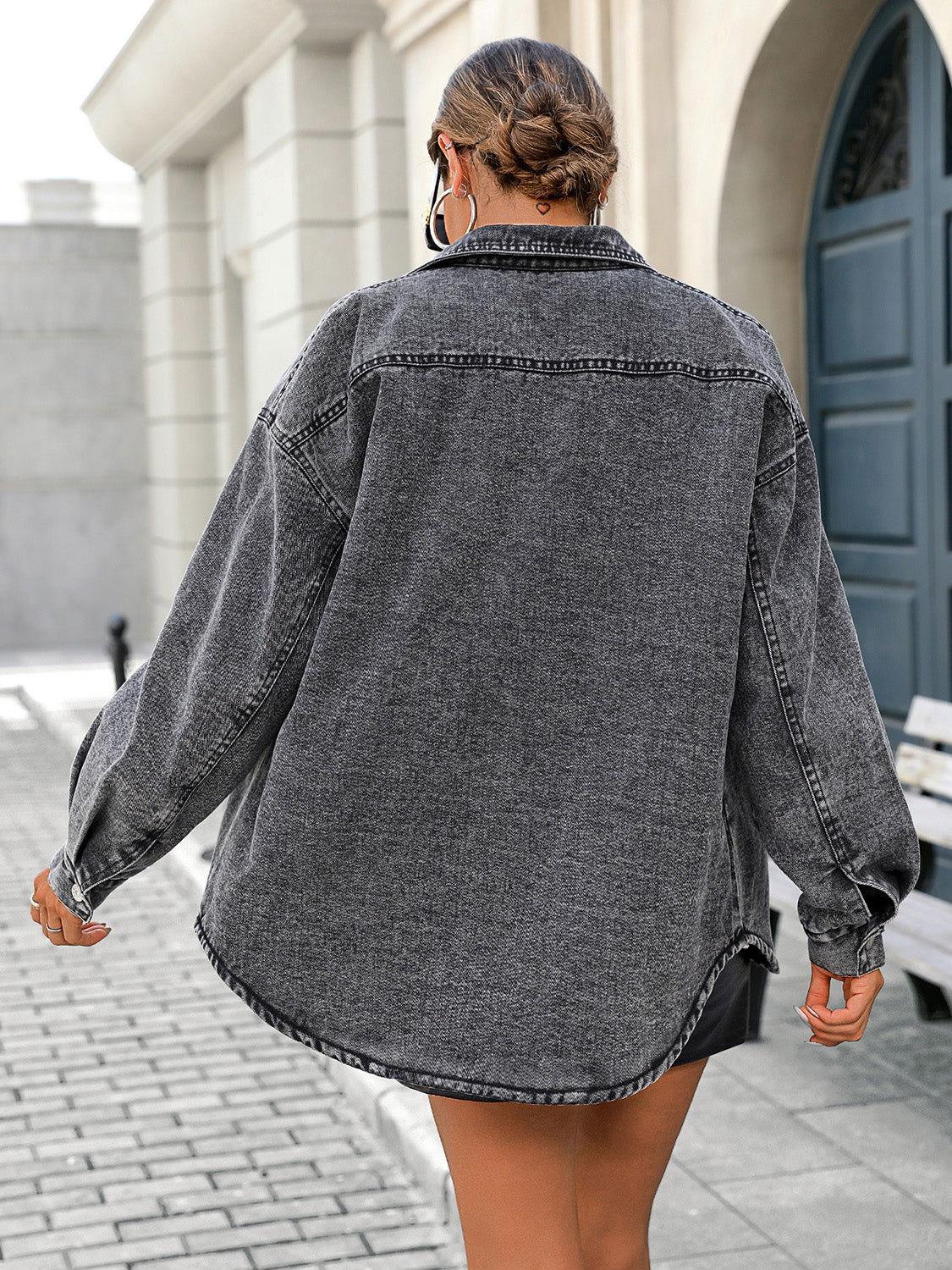 Button Up Long Sleeve Fleece Denim Jacket - Clothes For Her Online Store