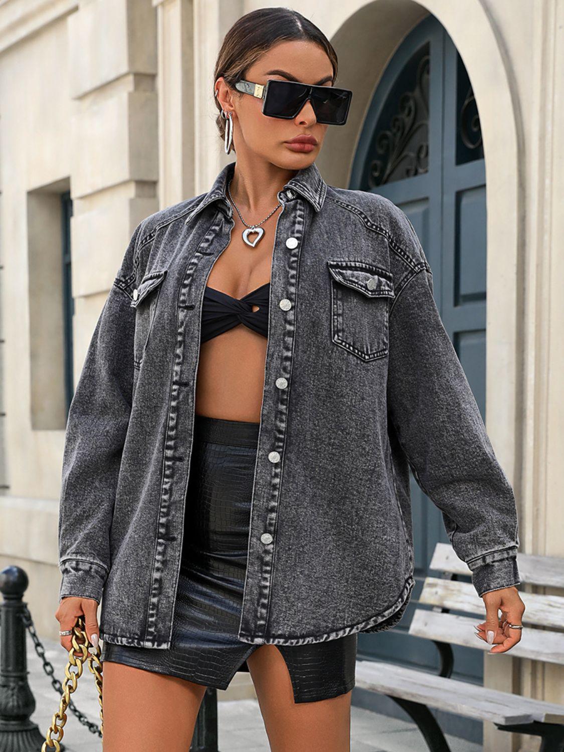 Button Up Long Sleeve Fleece Denim Jacket - Clothes For Her Online Store