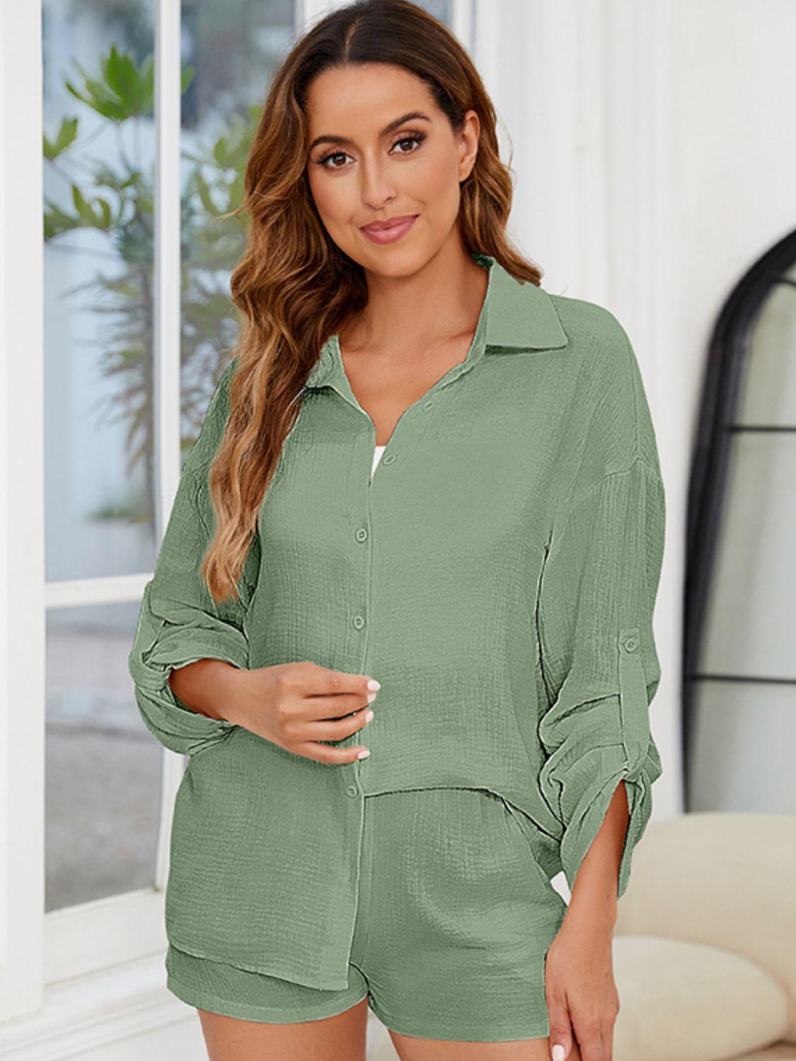 Button Up Long Sleeve Top and Shorts Set - Clothes For Her Online Store