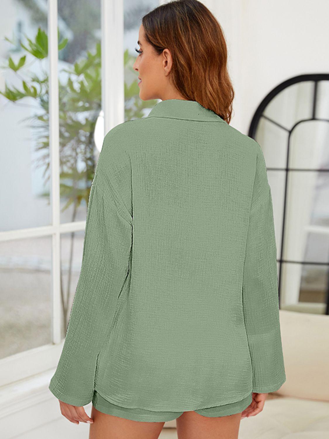 Button Up Long Sleeve Top and Shorts Set - Clothes For Her Online Store