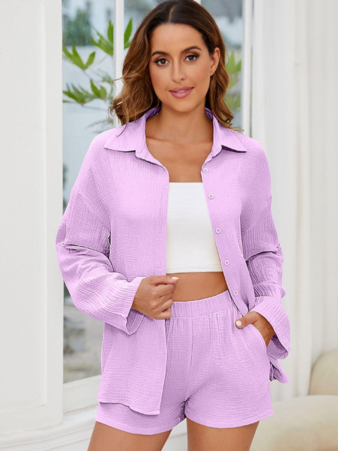 Button Up Long Sleeve Top and Shorts Set - Clothes For Her Online Store