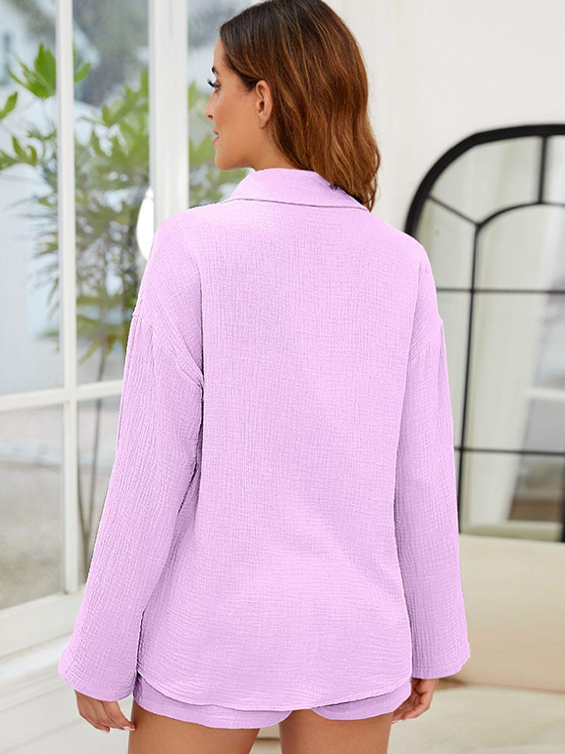 Button Up Long Sleeve Top and Shorts Set - Clothes For Her Online Store