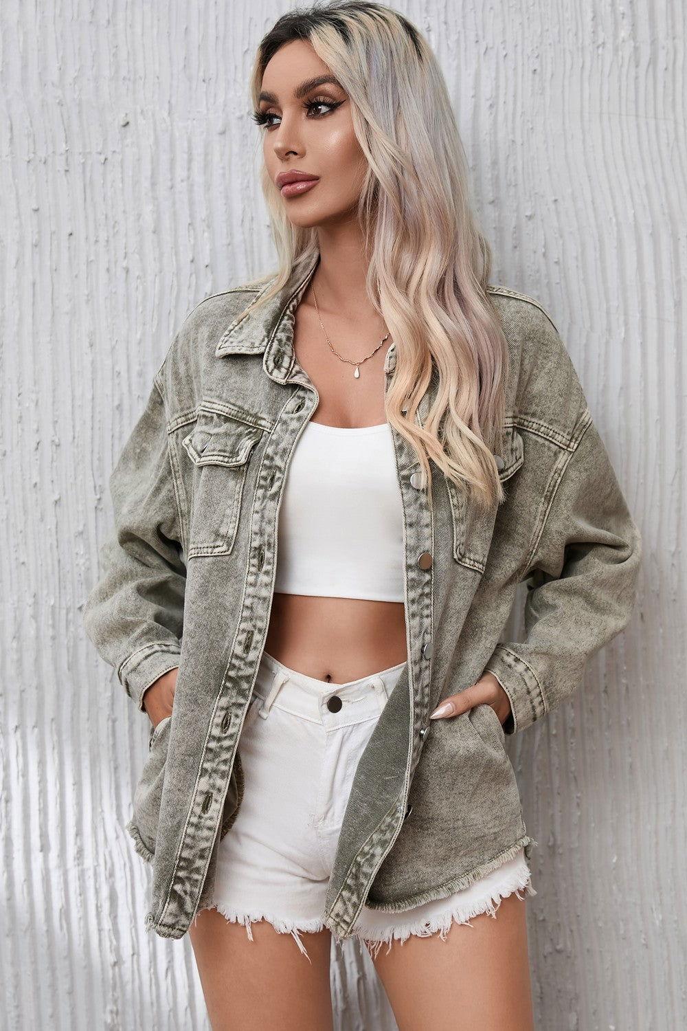 Button Up Pocketed Raw Hem Denim Jacket - Clothes For Her Online Store