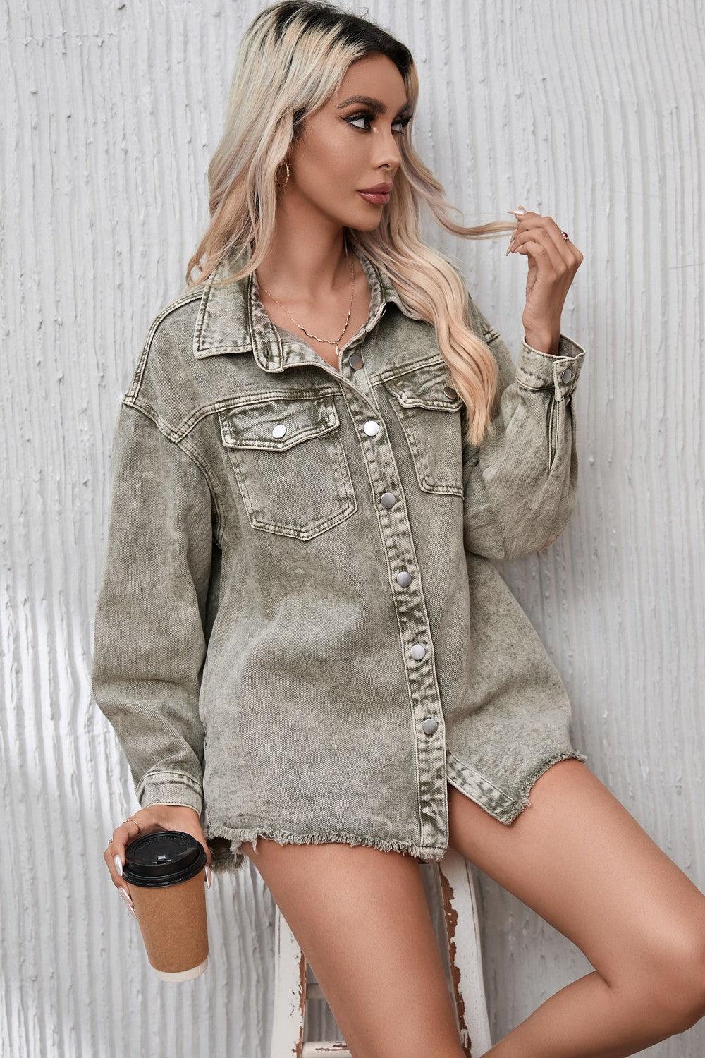 Button Up Pocketed Raw Hem Denim Jacket - Clothes For Her Online Store