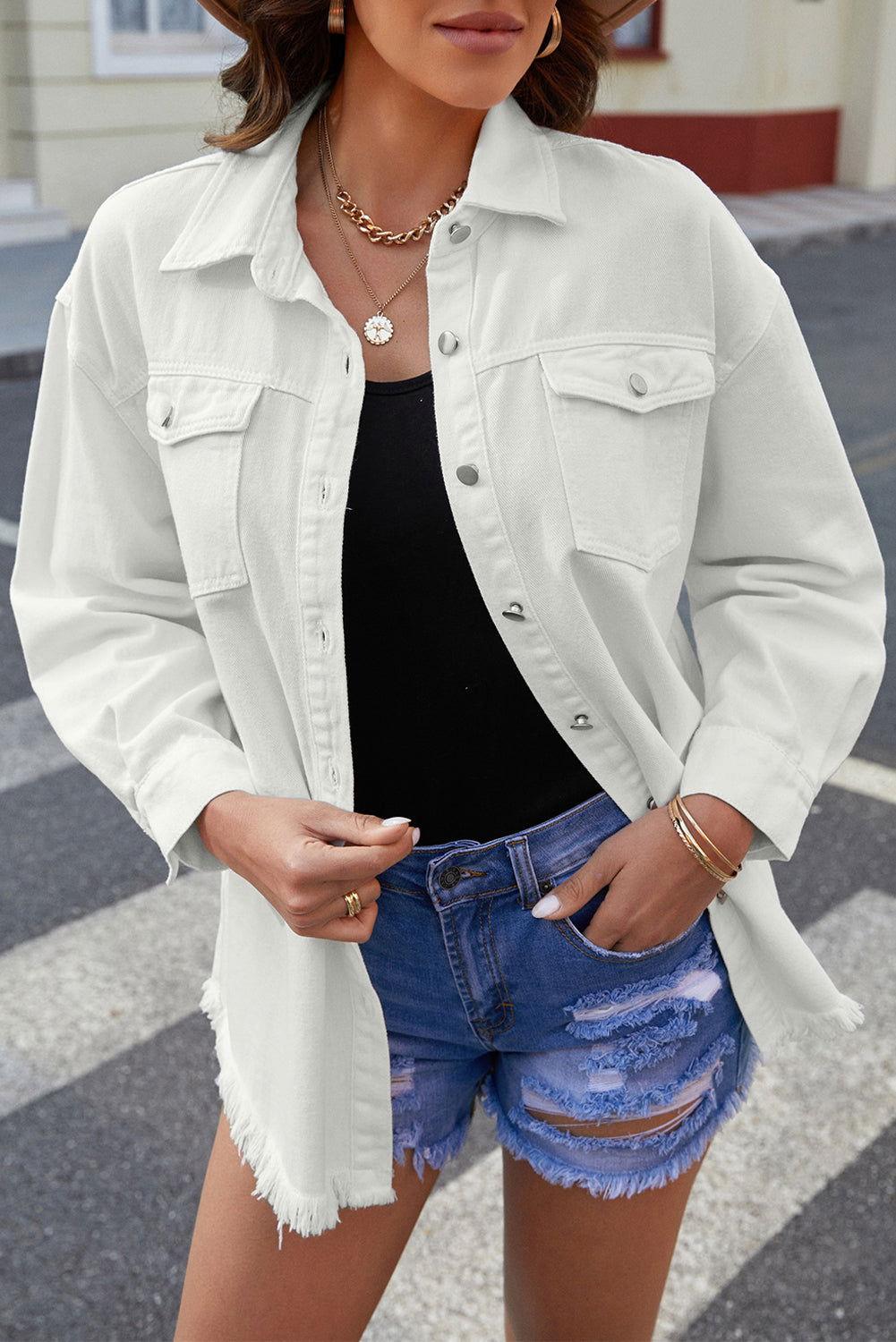 Button Up Pocketed Raw Hem Denim Jacket - Clothes For Her Online Store
