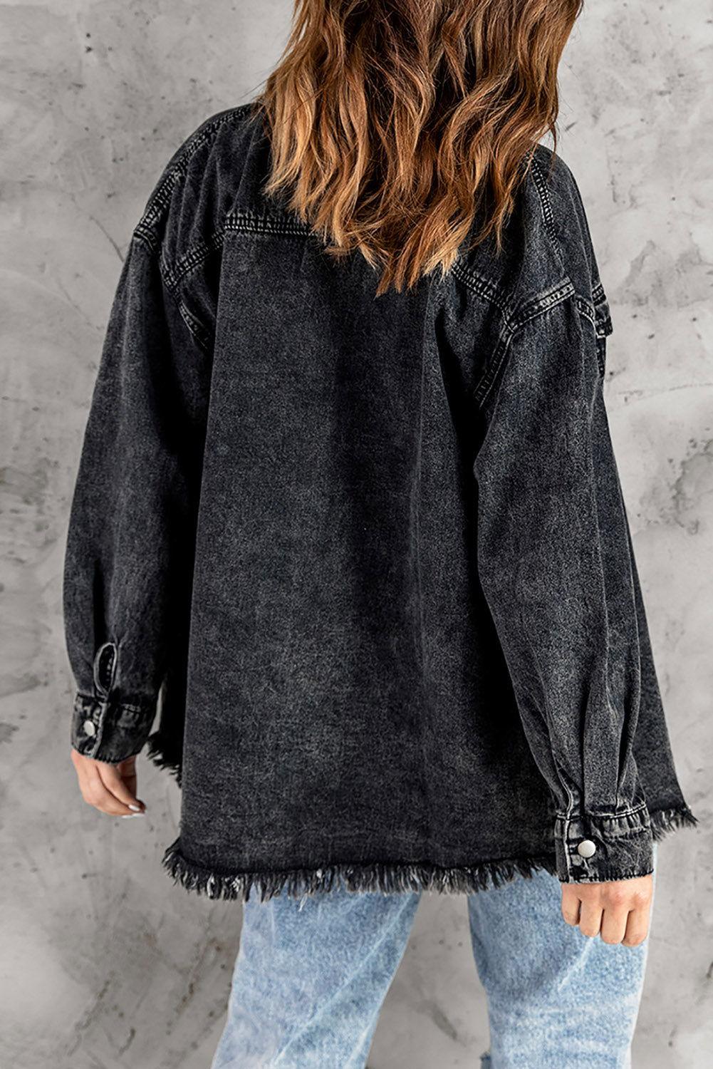 Button Up Pocketed Raw Hem Denim Jacket - Clothes For Her Online Store