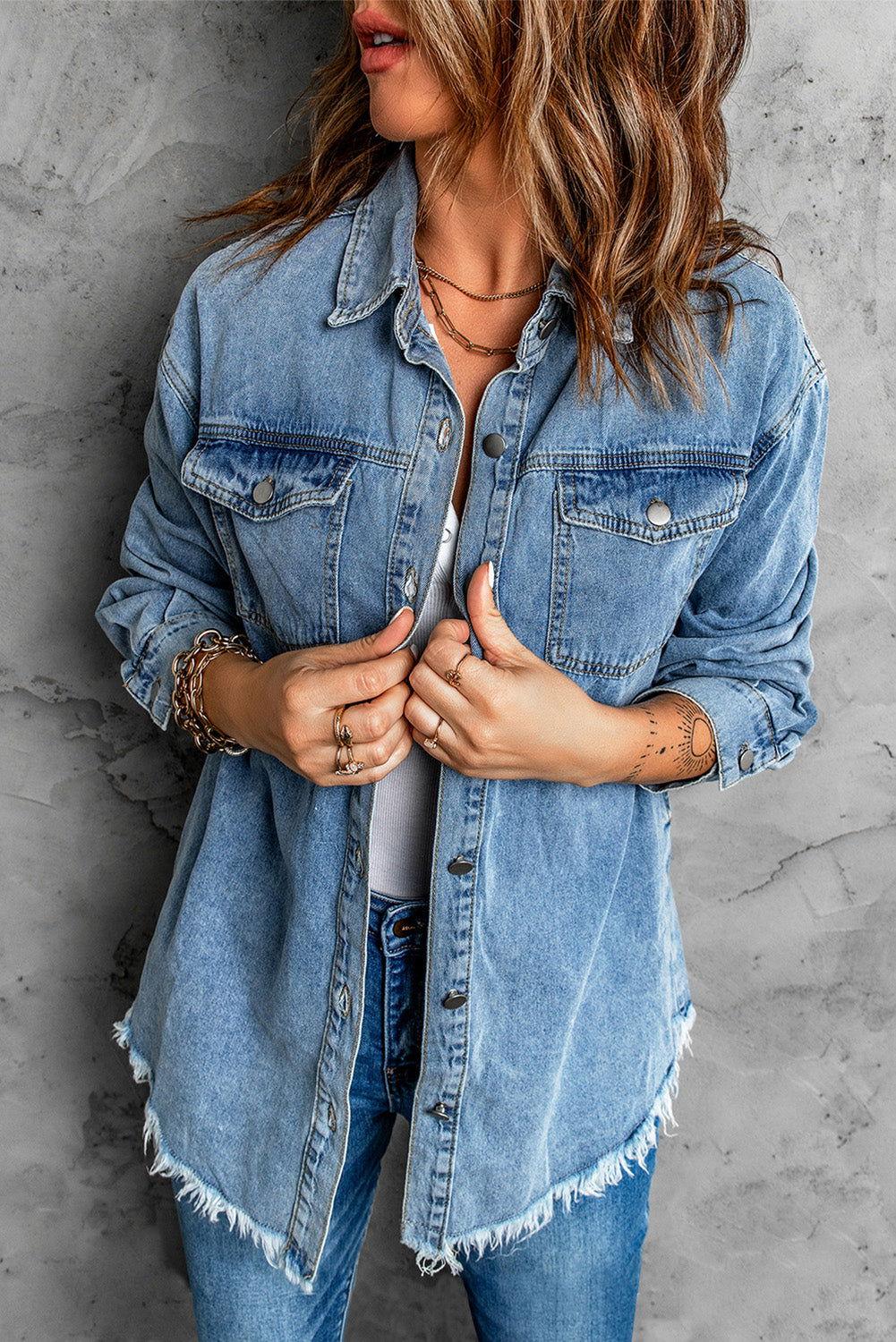 Button Up Pocketed Raw Hem Denim Jacket - Clothes For Her Online Store