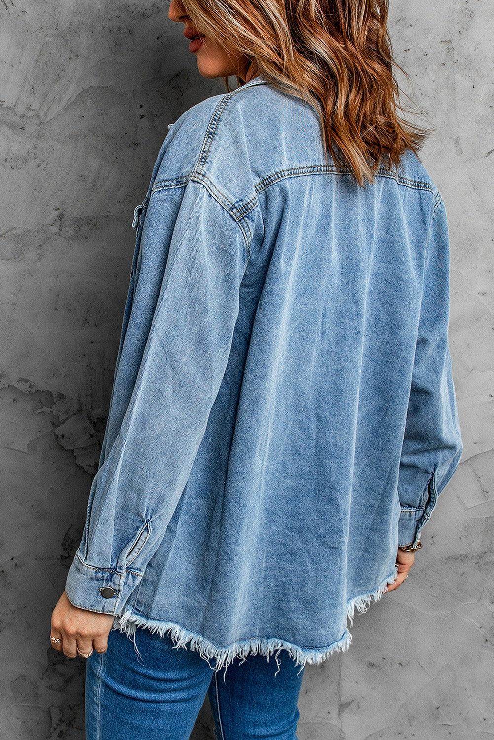 Button Up Pocketed Raw Hem Denim Jacket - Clothes For Her Online Store