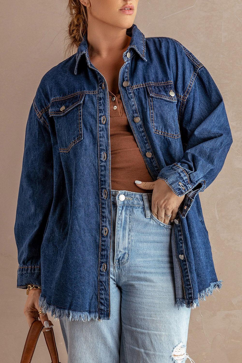 Button Up Pocketed Raw Hem Denim Jacket - Clothes For Her Online Store