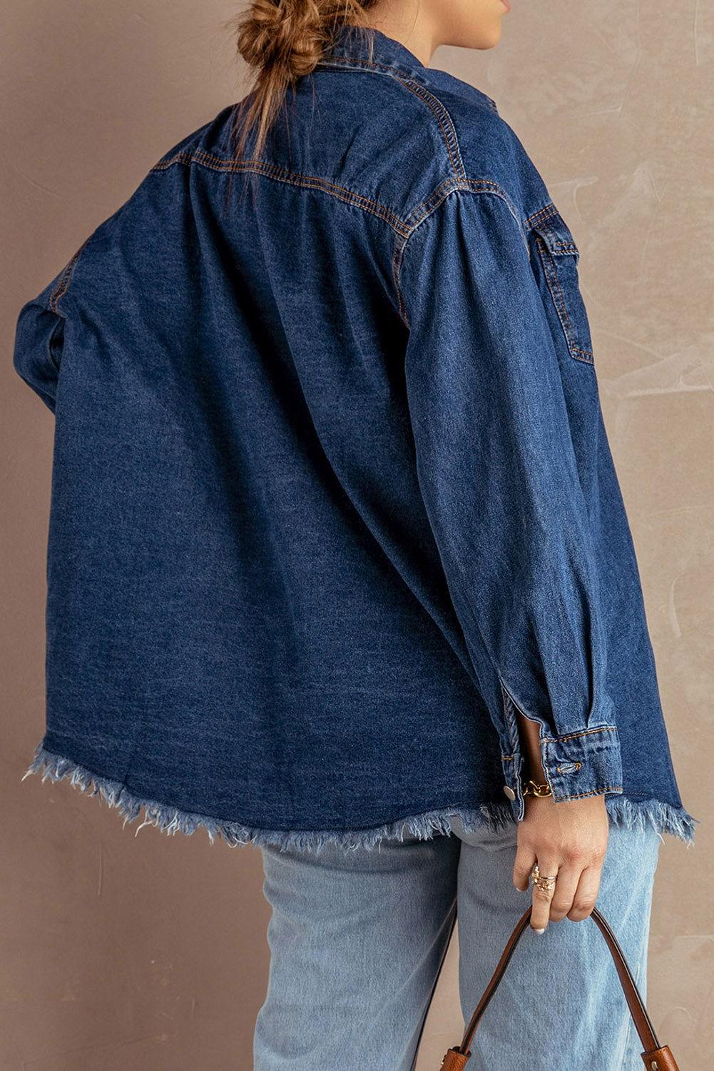 Button Up Pocketed Raw Hem Denim Jacket - Clothes For Her Online Store