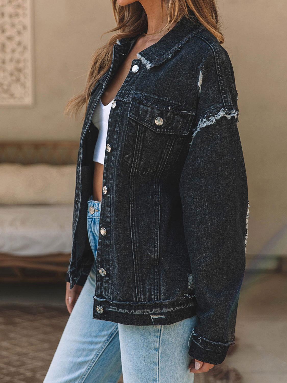 Button Up Raw Hem Distressed Denim Jacket - Clothes For Her Online Store