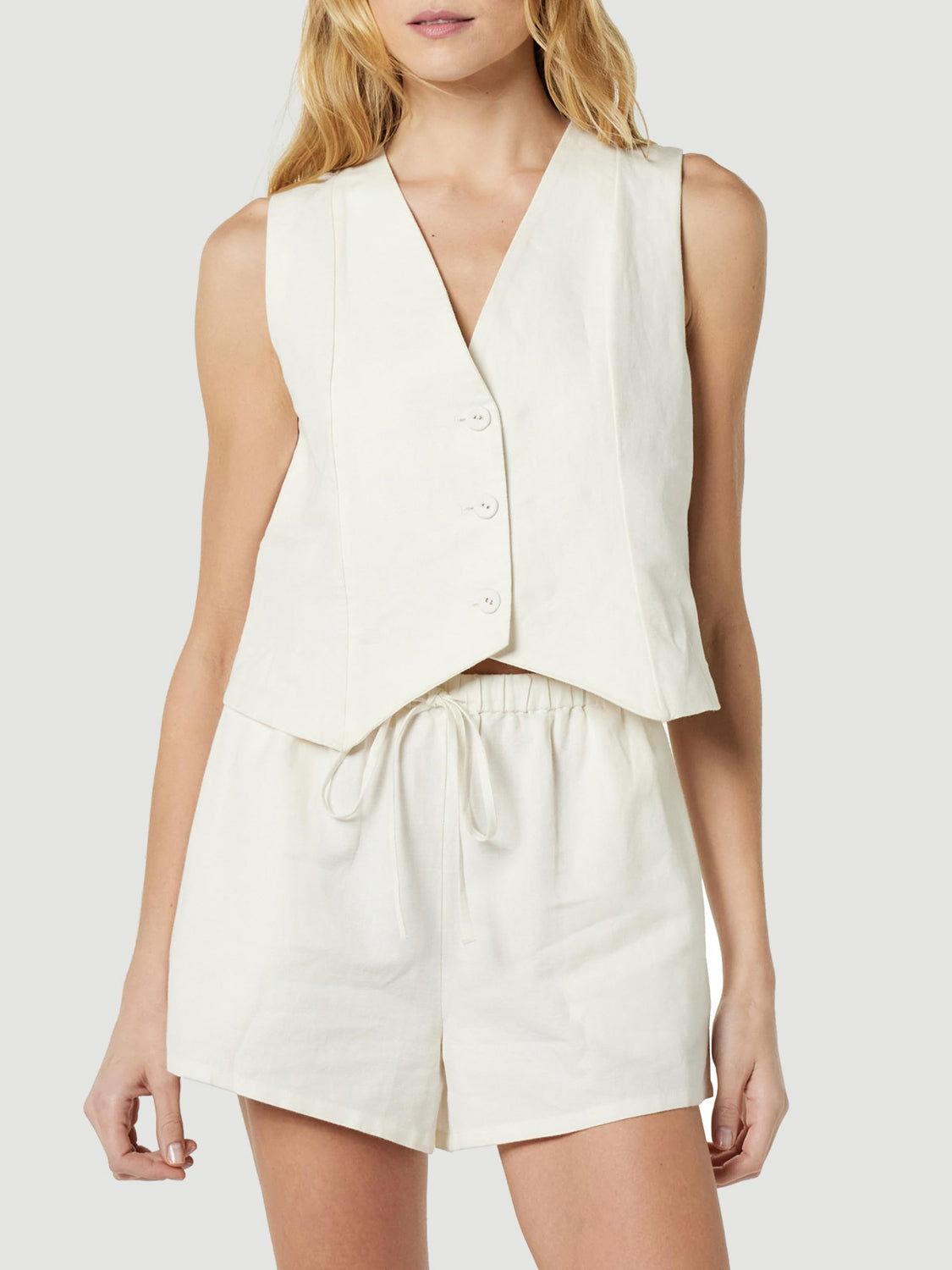 Button Up V-Neck Top and Pocketed Shorts Set - Clothes For Her Online Store