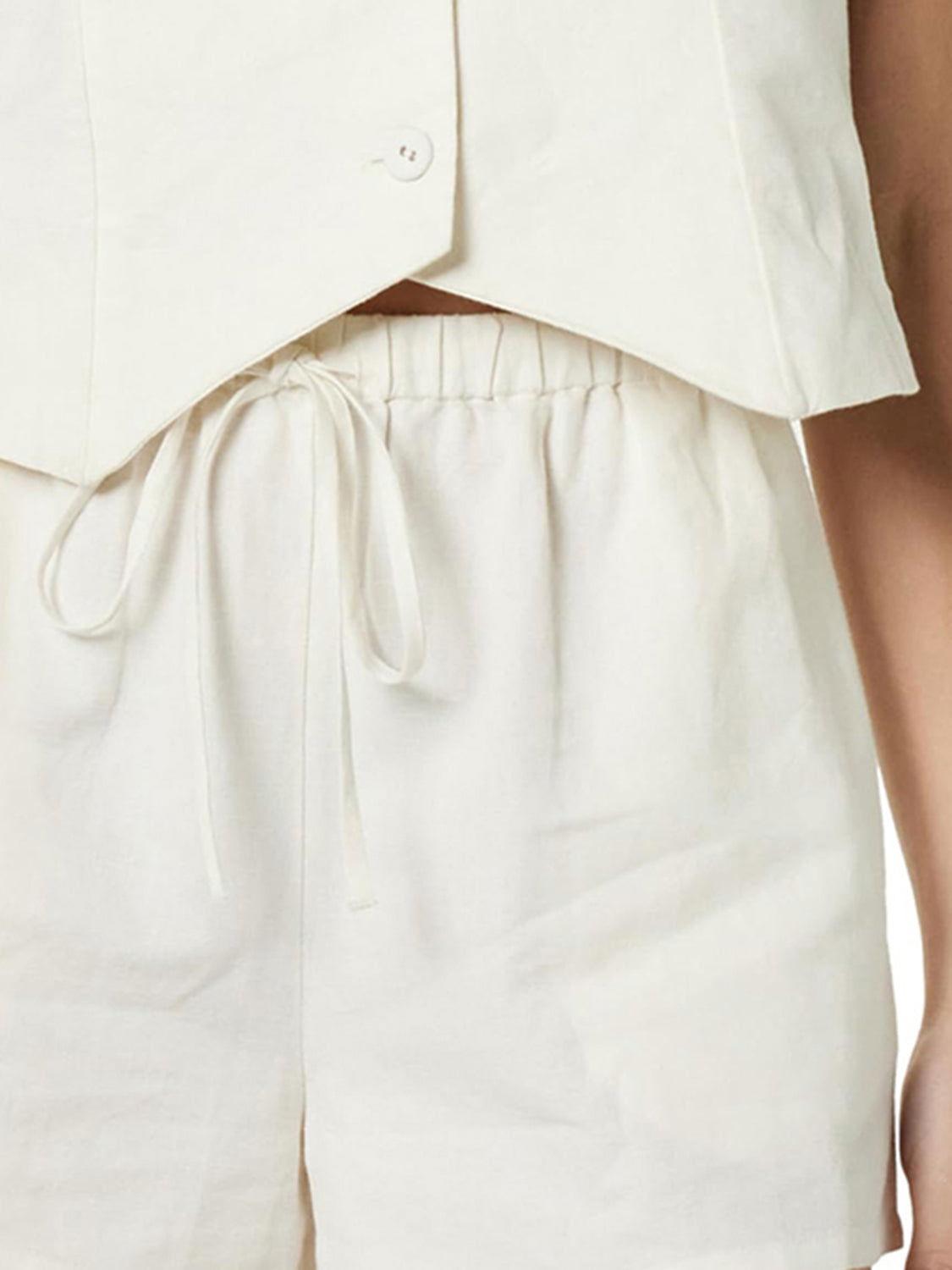 Button Up V-Neck Top and Pocketed Shorts Set - Clothes For Her Online Store