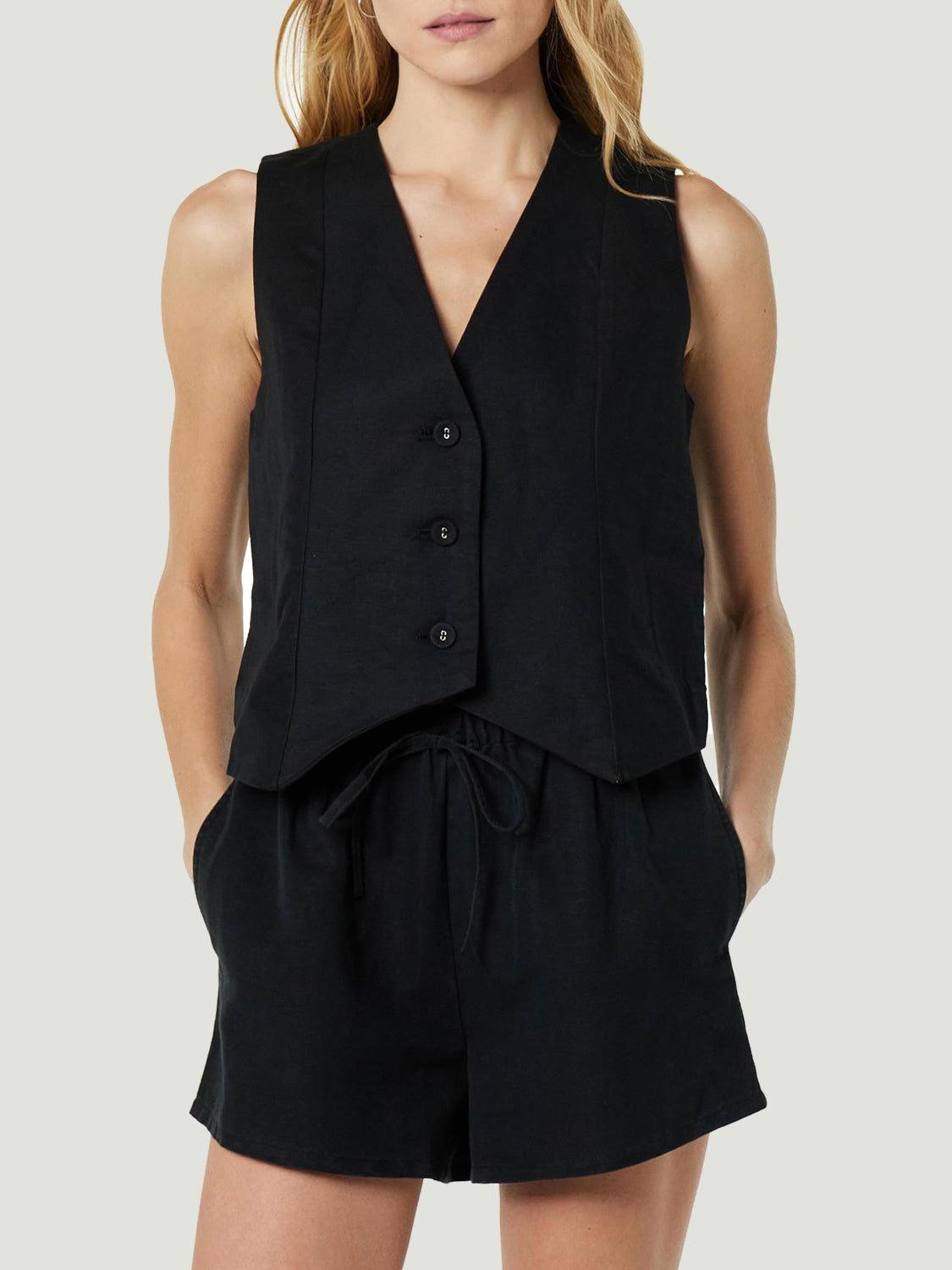 Button Up V-Neck Top and Pocketed Shorts Set - Clothes For Her Online Store