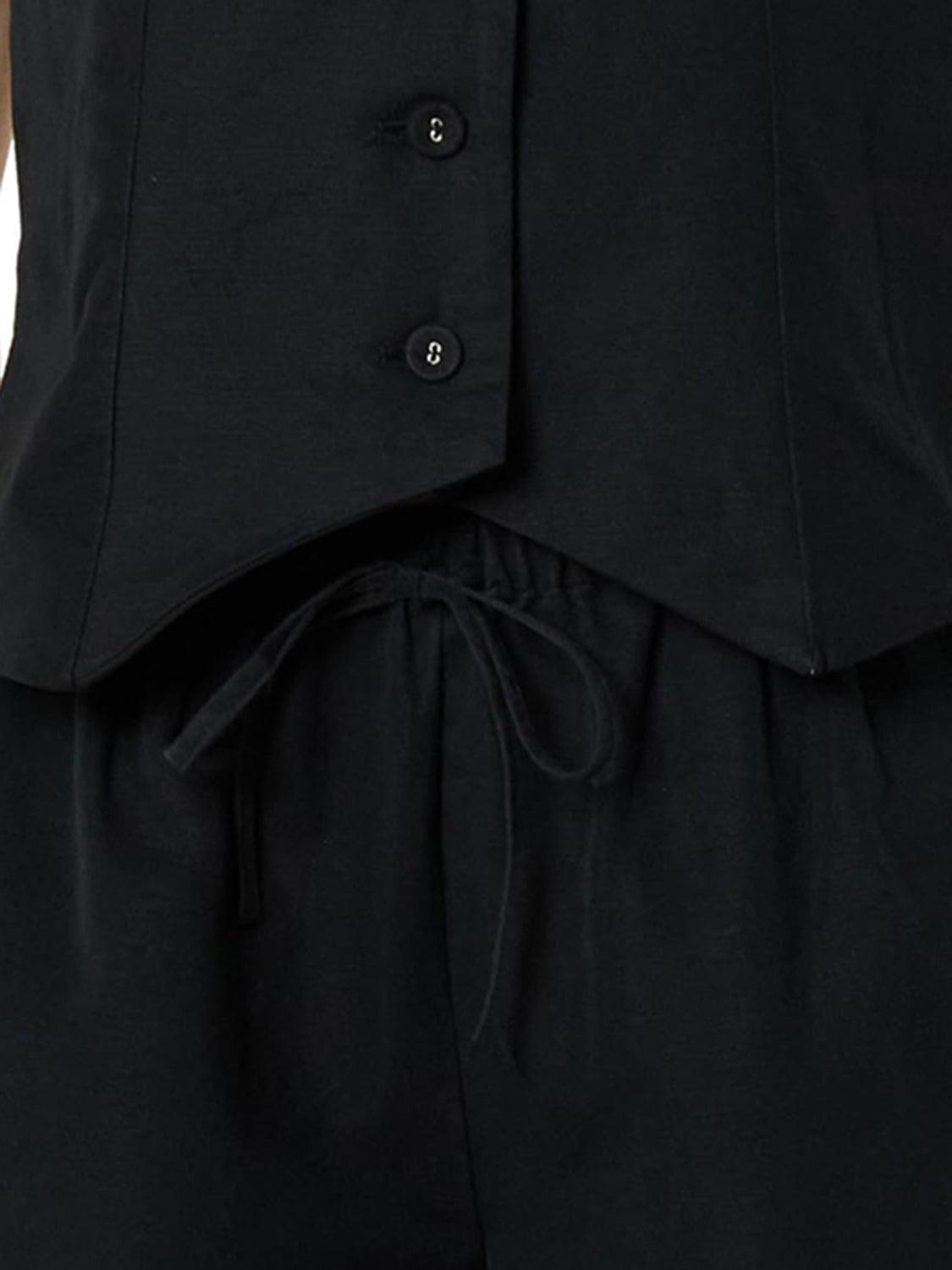 Button Up V-Neck Top and Pocketed Shorts Set - Clothes For Her Online Store