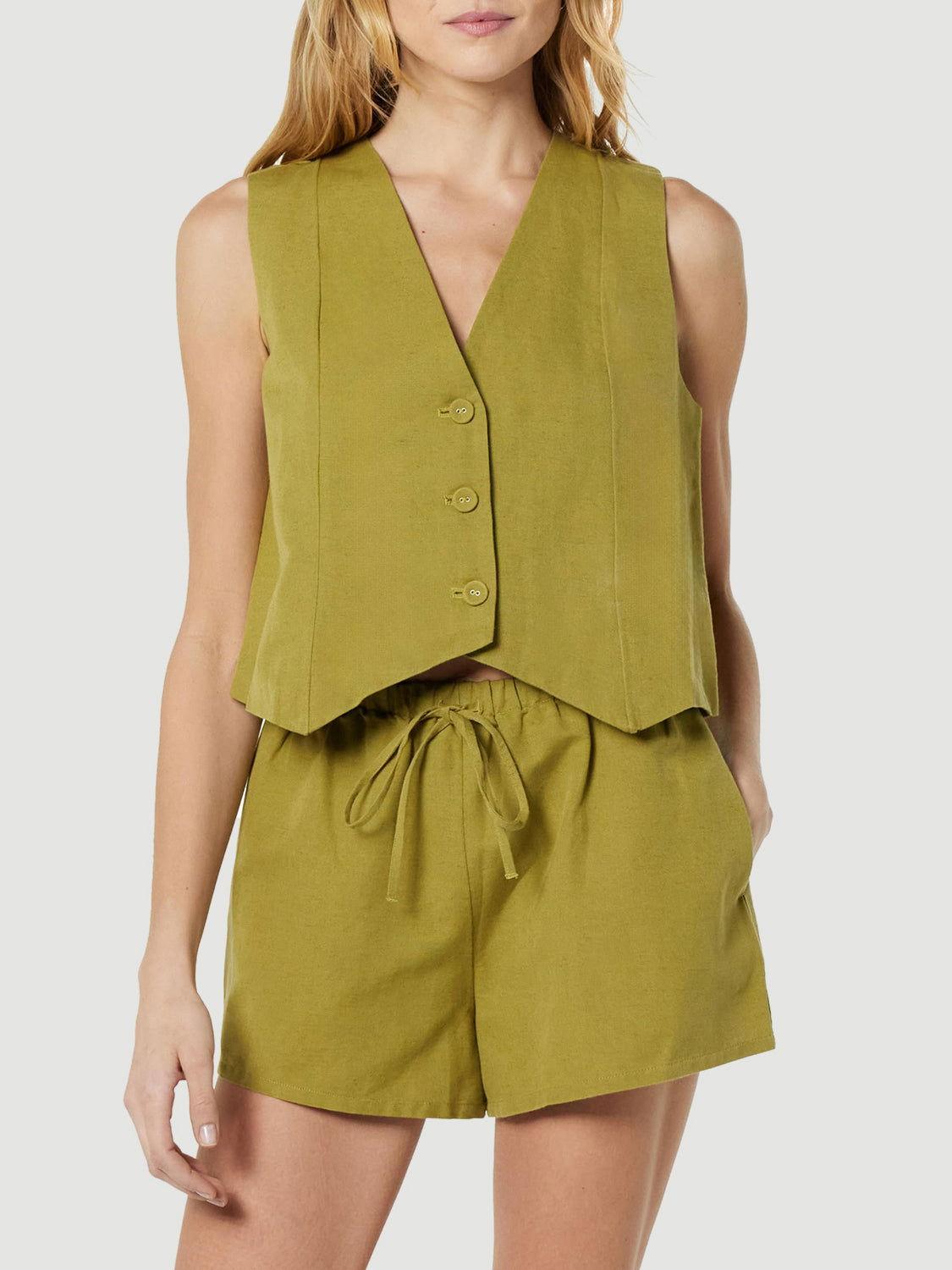 Button Up V-Neck Top and Pocketed Shorts Set - Clothes For Her Online Store