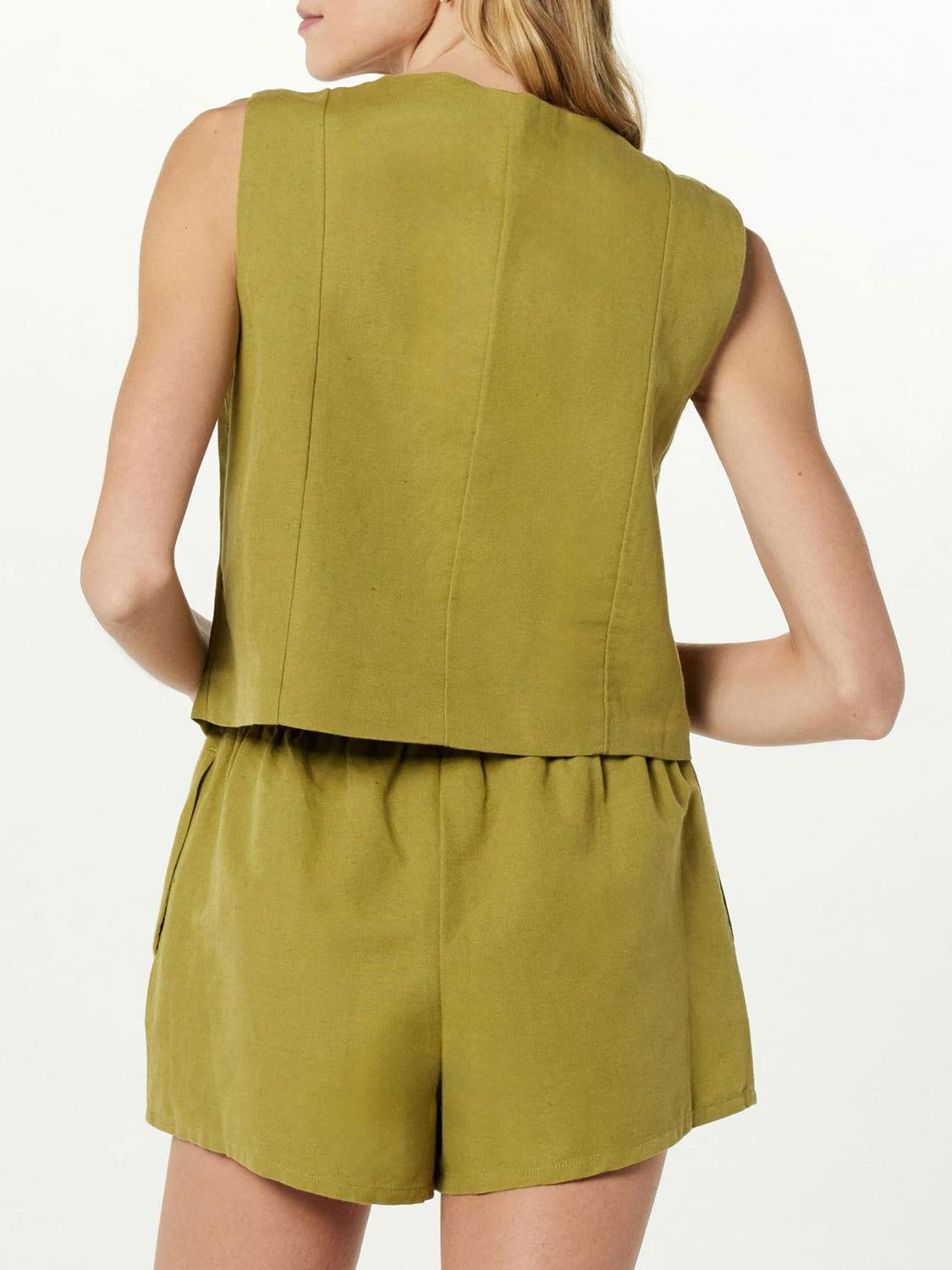 Button Up V-Neck Top and Pocketed Shorts Set - Clothes For Her Online Store
