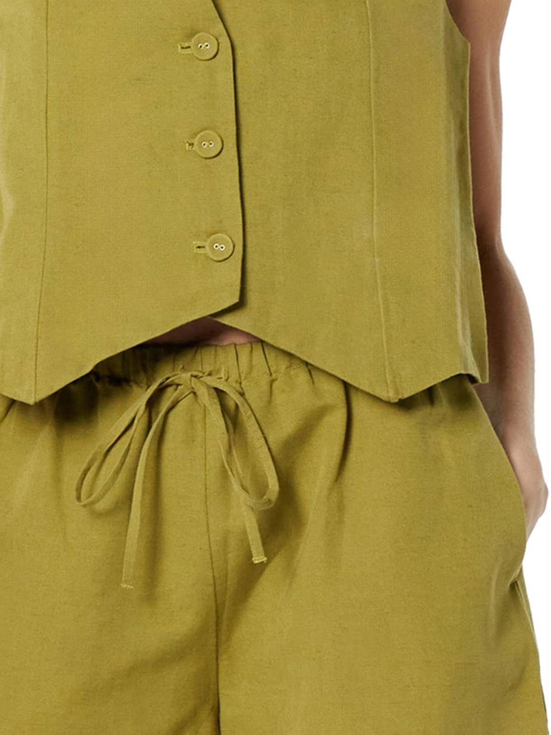 Button Up V-Neck Top and Pocketed Shorts Set - Clothes For Her Online Store