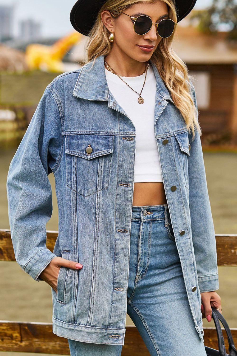 Buttoned Collared Neck Denim Jacket with Pockets - Clothes For Her Online Store