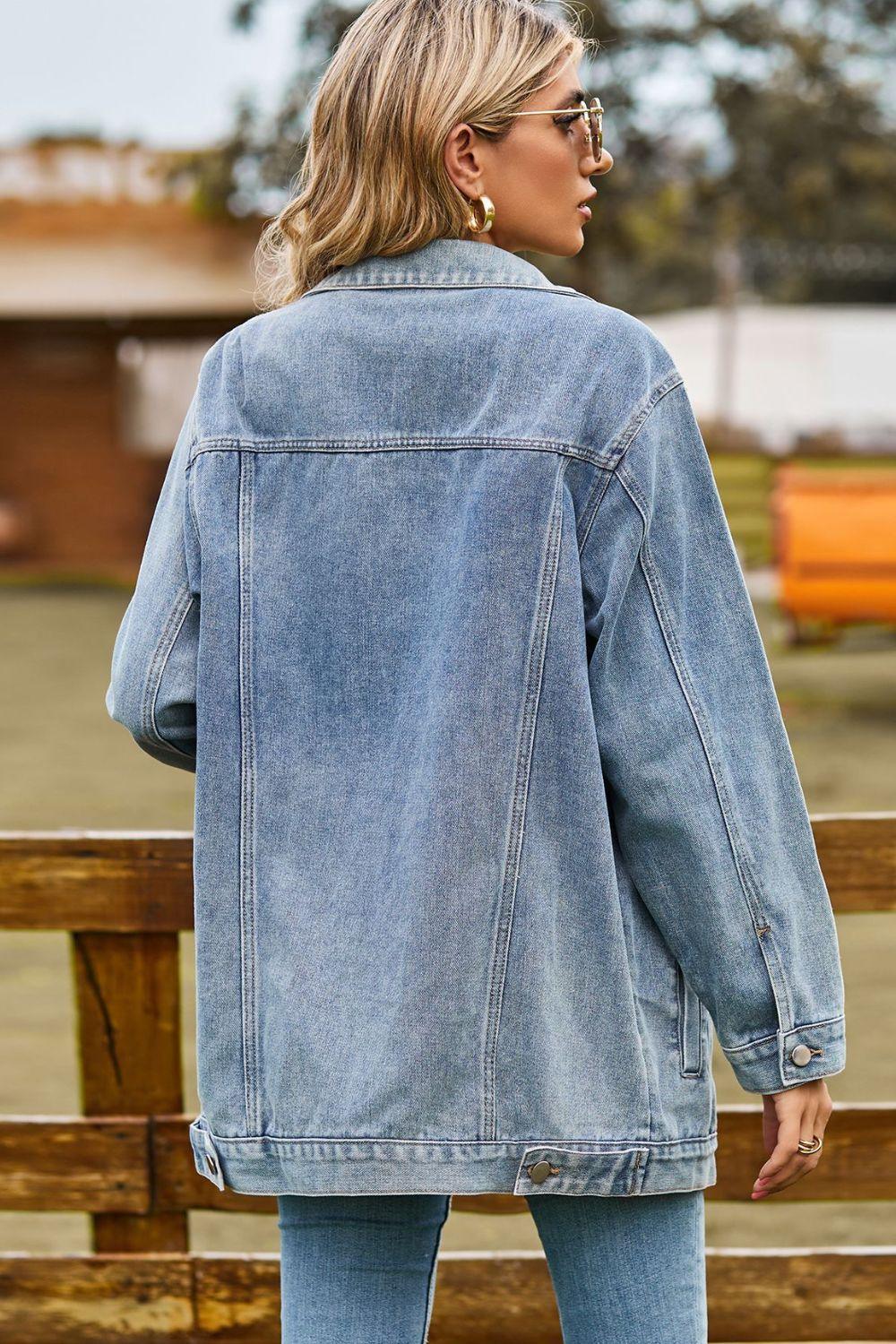 Buttoned Collared Neck Denim Jacket with Pockets - Clothes For Her Online Store