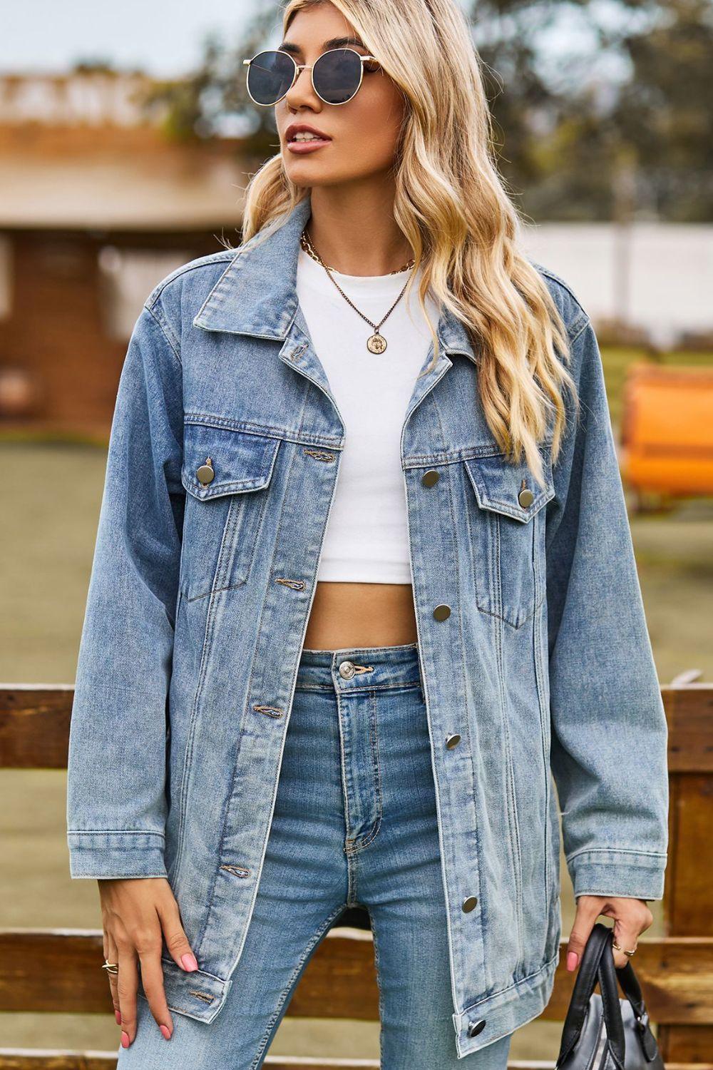 Buttoned Collared Neck Denim Jacket with Pockets - Clothes For Her Online Store
