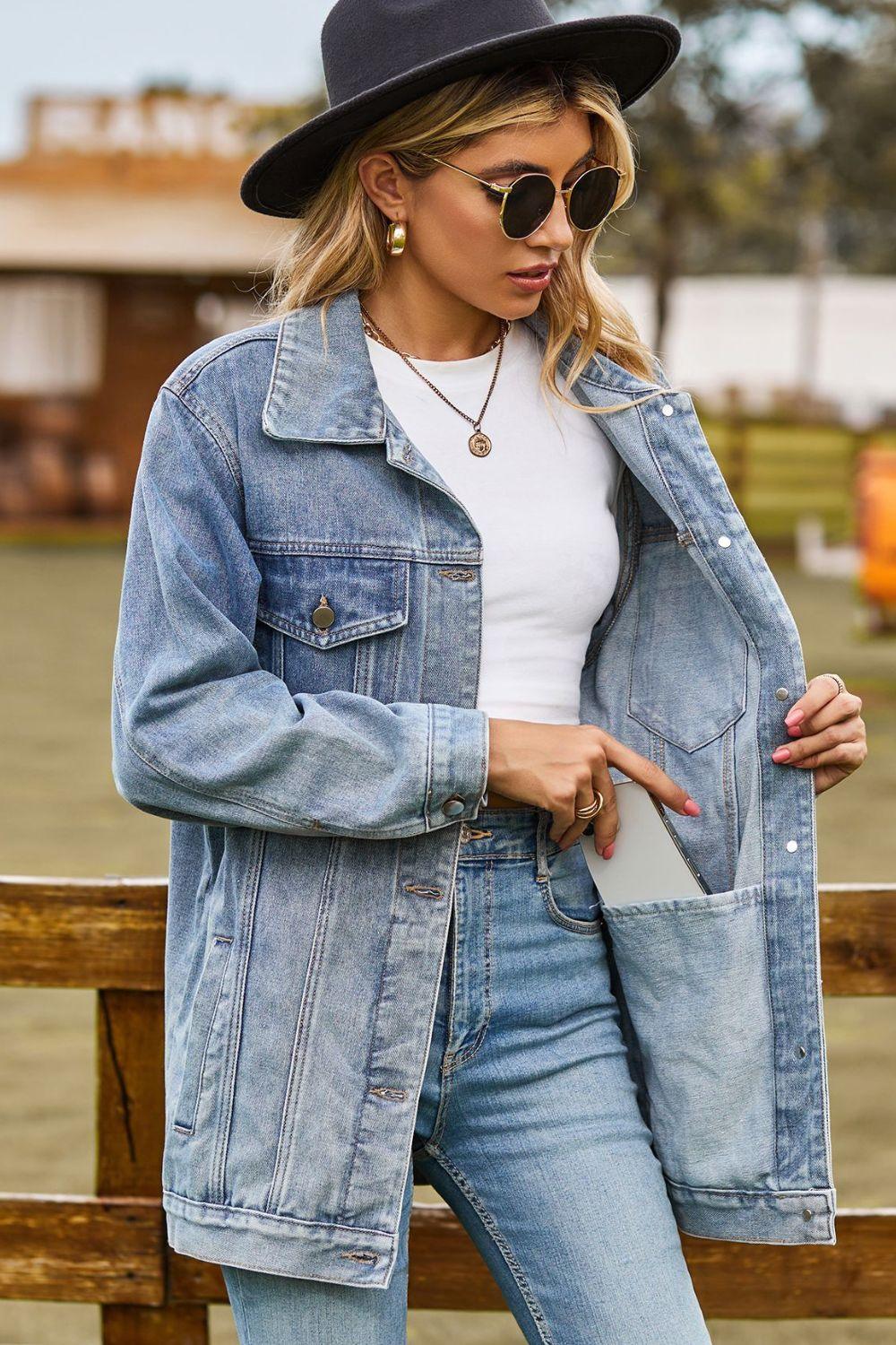 Buttoned Collared Neck Denim Jacket with Pockets - Clothes For Her Online Store