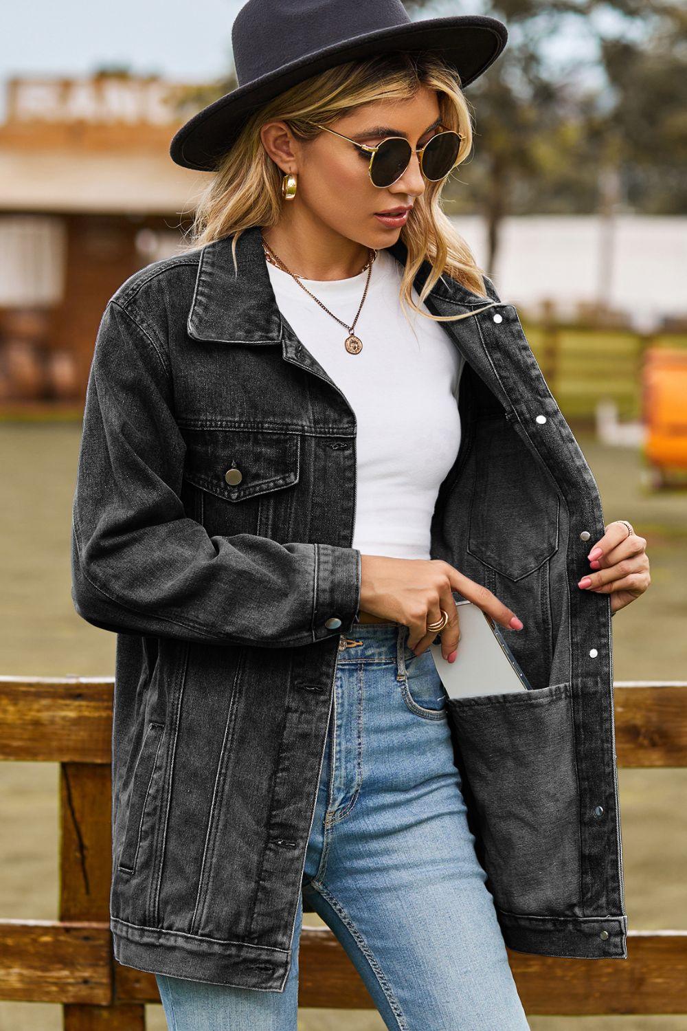 Buttoned Collared Neck Denim Jacket with Pockets - Clothes For Her Online Store