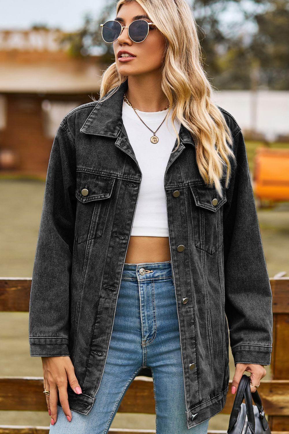 Buttoned Collared Neck Denim Jacket with Pockets - Clothes For Her Online Store