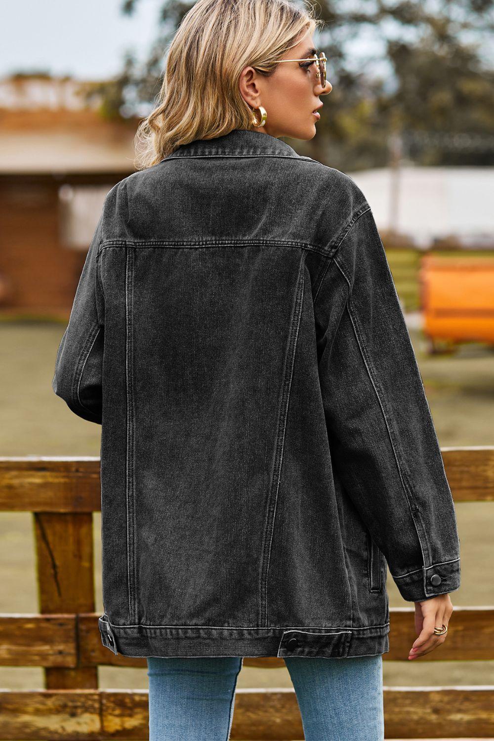 Buttoned Collared Neck Denim Jacket with Pockets - Clothes For Her Online Store