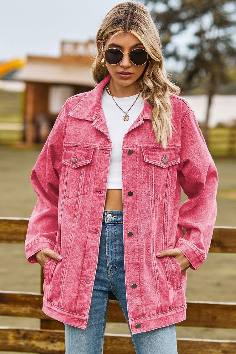 Buttoned Collared Neck Denim Jacket with Pockets - Clothes For Her Online Store