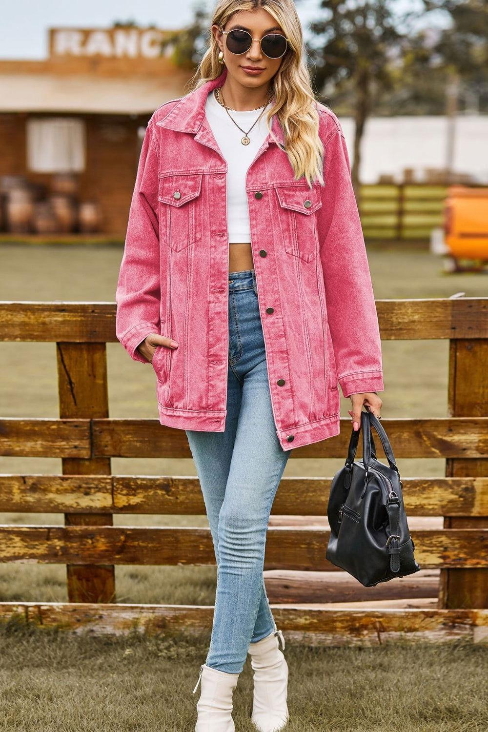 Buttoned Collared Neck Denim Jacket with Pockets - Clothes For Her Online Store